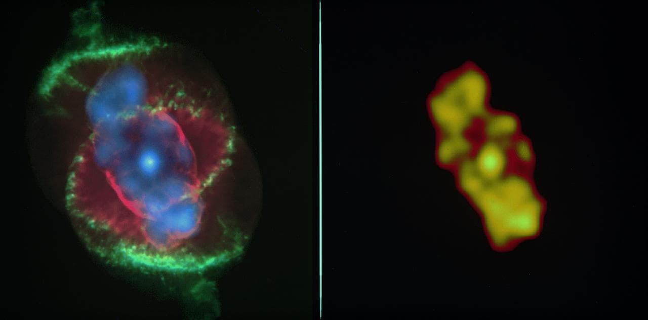 Left image: The x-ray data from the Chandra X-Ray Observatory (CXO) has revealed a bright central star surrounded by a cloud of multimillion-degree gas in the planetary nebula known as the Cat's Eye. 