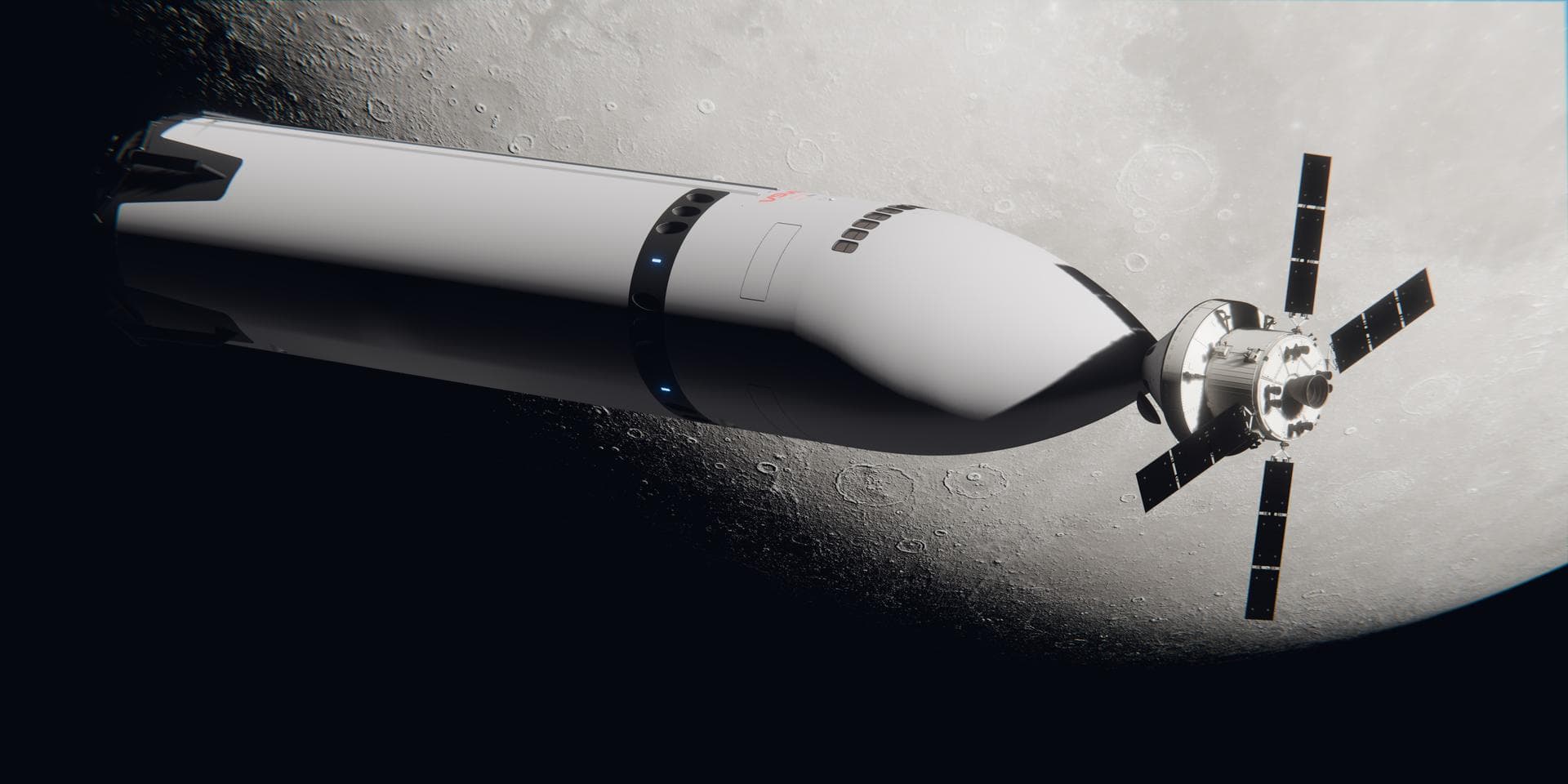 These artist’s concepts show SpaceX’s Starship Human Landing System (HLS) in operation on its journey to the Moon. Before astronauts launch in NASA’s Orion spacecraft atop the agency’s SLS (Space Laun