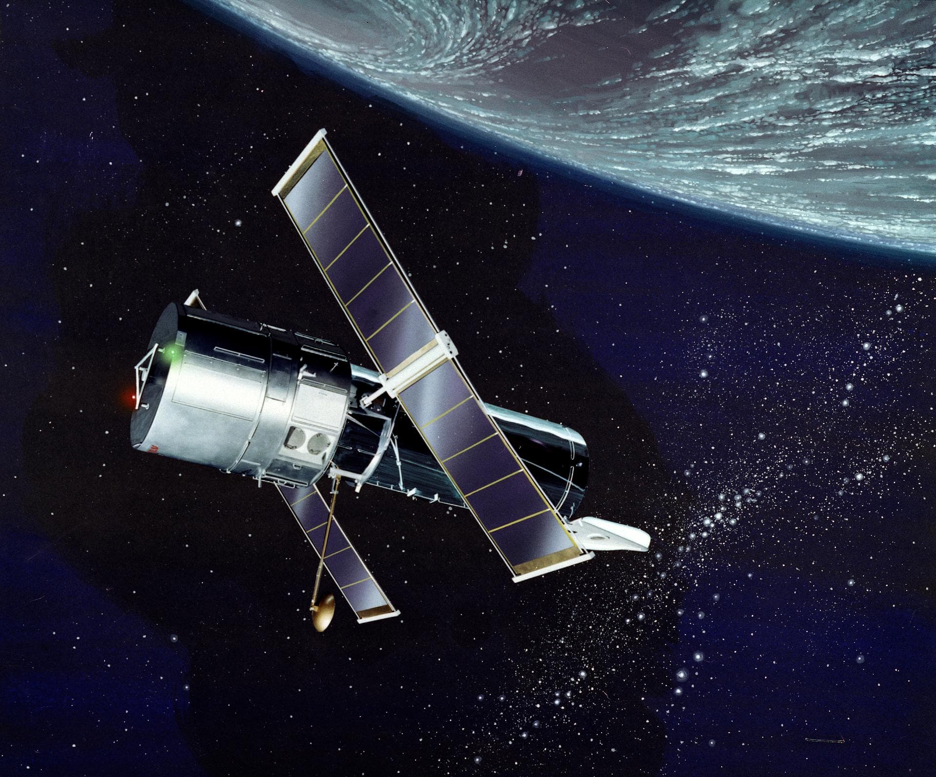 This illustration depicts a side view of the Hubble Space Telescope (HST). The HST is the product of a partnership between NASA, European Space Agency Contractors, and the international community of a