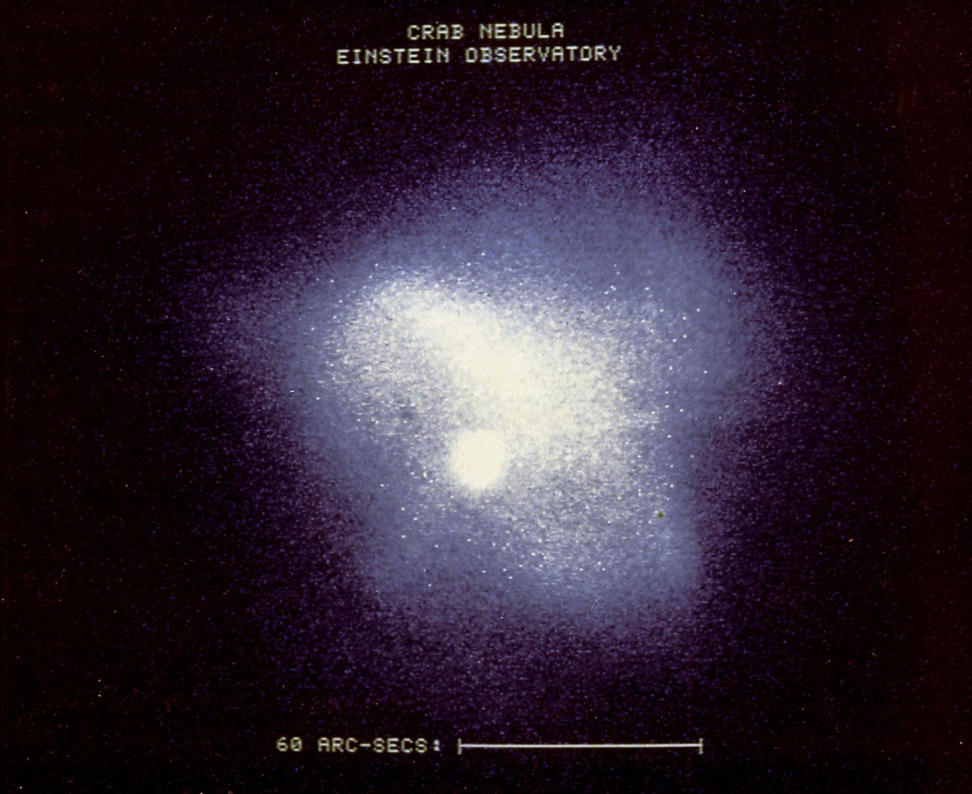 This is an x-ray image of the Crab Nebula taken with the High Energy Astronomy Observatory (HEAO)-2/Einstein Observatory. The image is demonstrated by a pulsar, which appears as a bright point due to