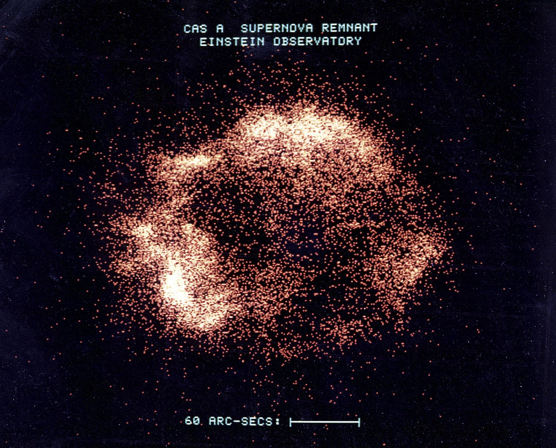 This x-ray photograph of the Supernova remnant Cassiopeia A, taken with the High Energy Astronomy Observatory (HEAO) 2/Einstein Observatory, shows that the regions with fast moving knots of material i