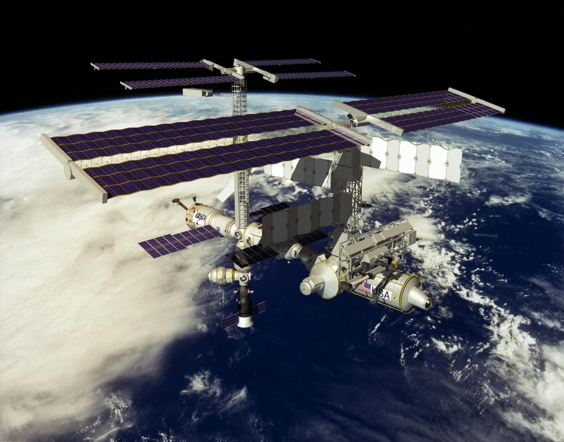 This computer generated scene of the International Space Station (ISS) represents the first addition of hardware following the completion of Phase II. The 8-A Phase shows the addition of the S-9 truss