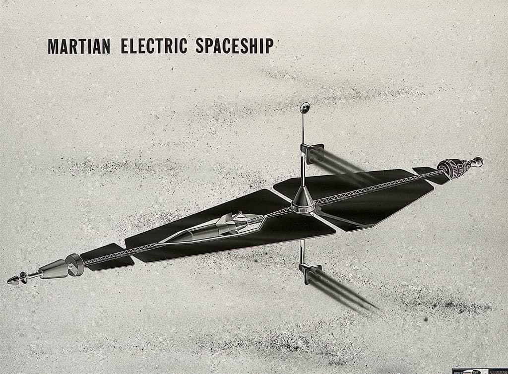This artist's concept from 1962 show a three hundred-sixty ton spaceship, powered by a forty-megawatt nuclear-electric power plant, transporting a three-man crew to Mars. As envisioned by Marshall Spa