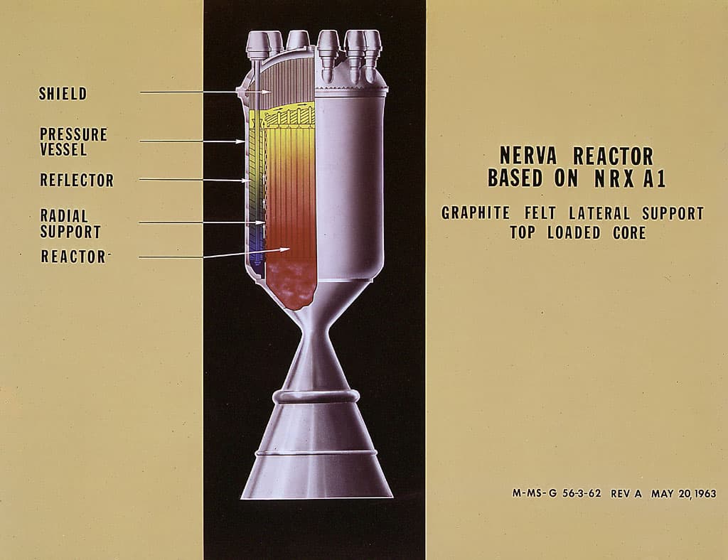 This artist's concept from 1963 shows a proposed NERVA (Nuclear Engine for Rocket Vehicle Application) incorporating the NRX-A1, the first NERVA-type cold flow reactor. The NERVA engine, based on Kiwi