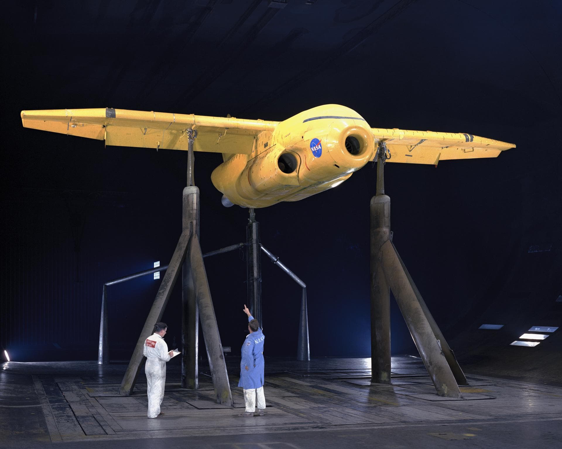 de Havilland augmenter wing model 3/4 front view in 40 x 80 wind tunnel. JOHN CONWAY, ALAN WHEELBAND