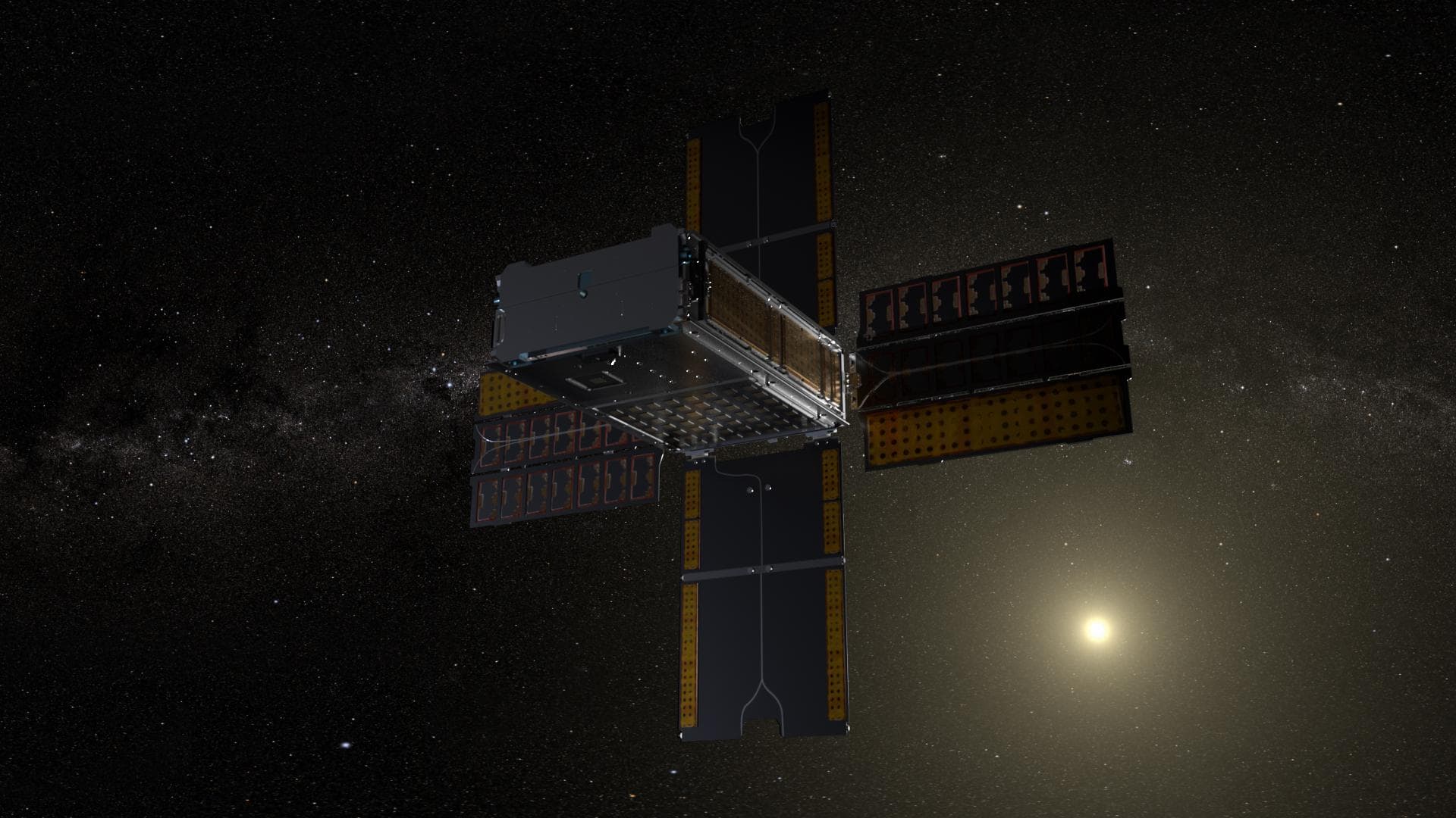 The BioSentinel spacecraft enters a heliocentric orbit. BioSentinel will detect and measure the impact of space radiation on living organisms over long durations beyond low-Earth orbit (LEO). Illustra
