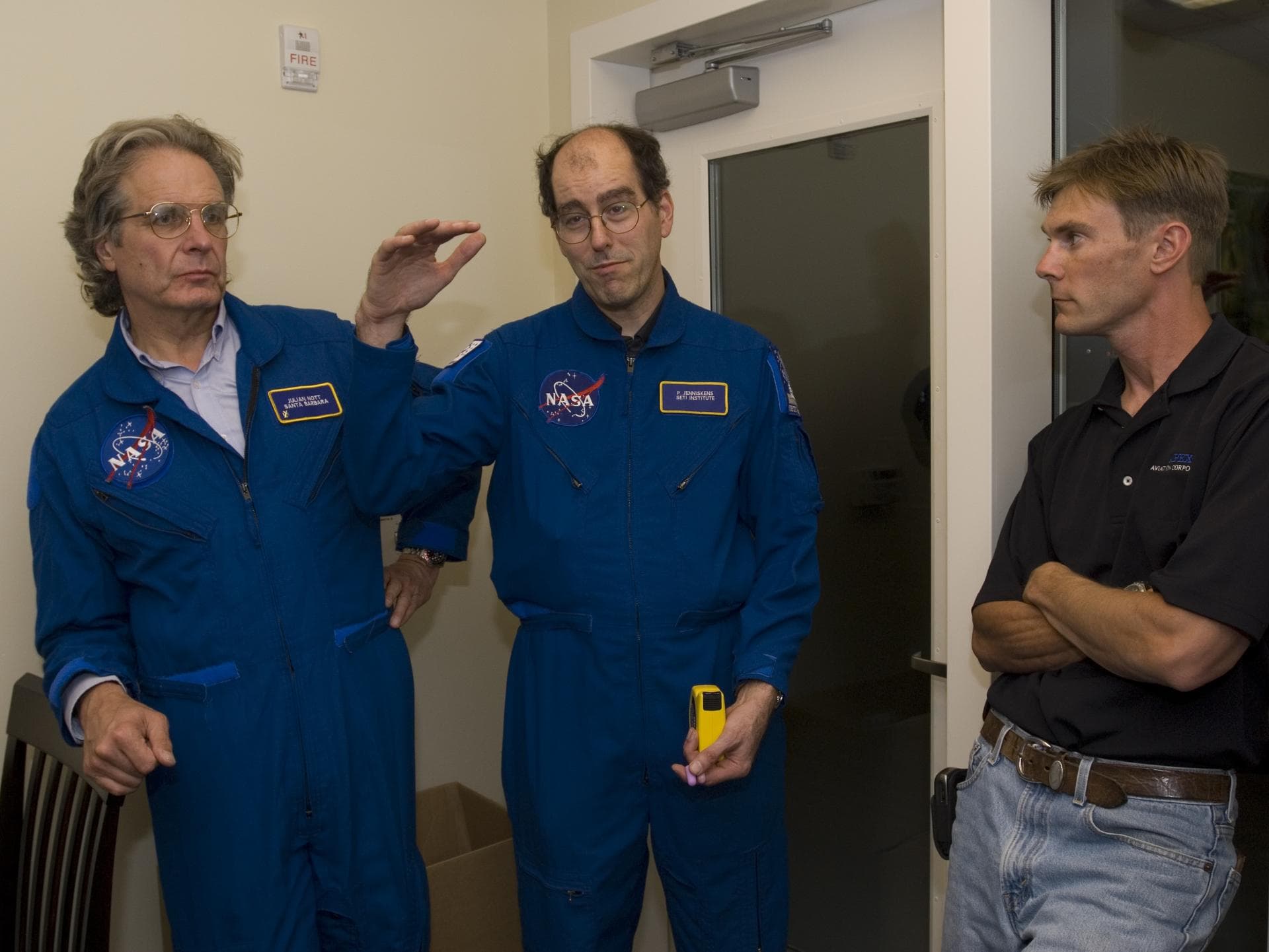 Perseid Meteor flight on Google's Gulfstream Aircraft. P.I. Peter Jenniskens, SETI Group L-R; Julian Nott, Santa Barbara, Peter Jenniskens, SETI and Apex Aviation Corp rep.