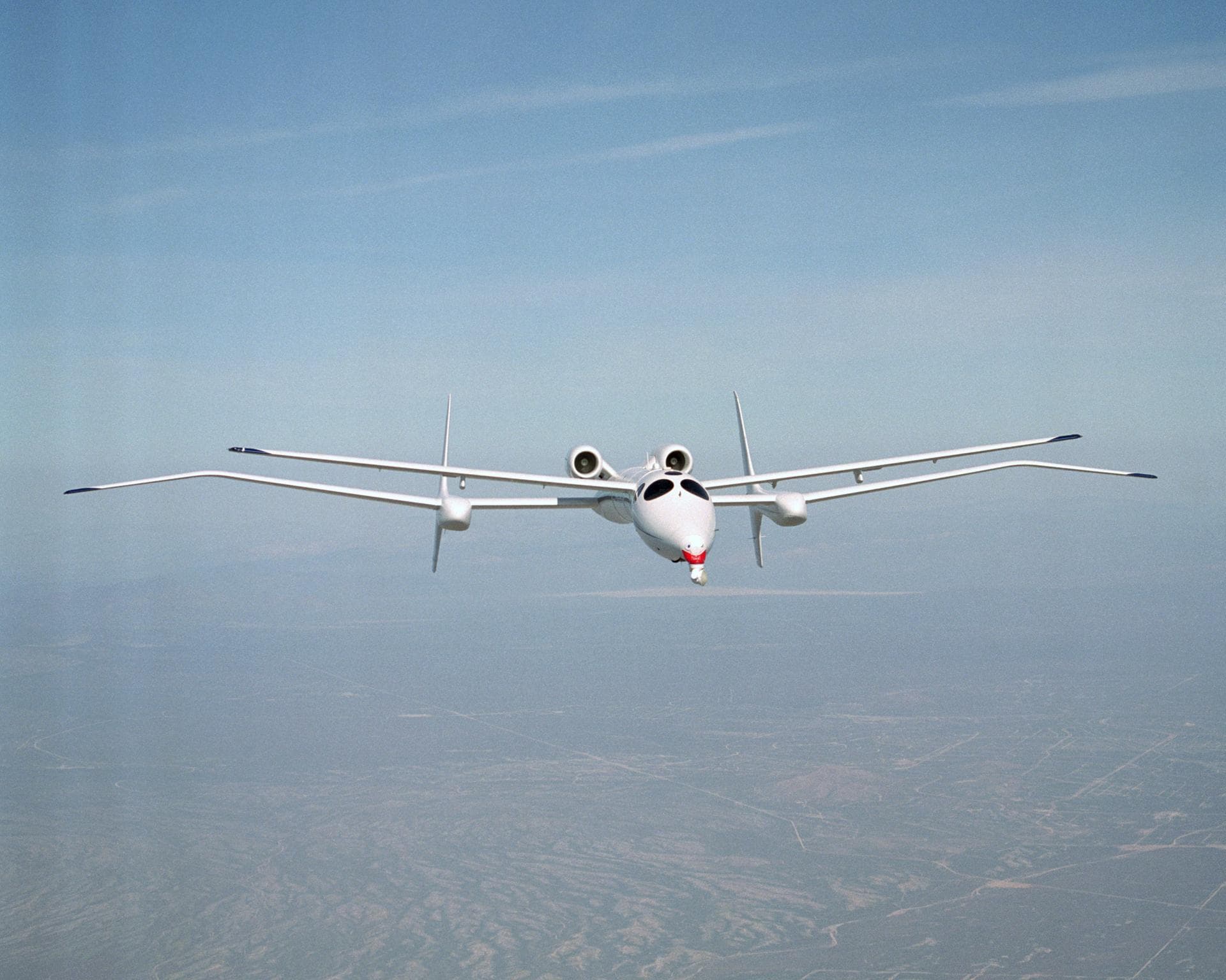 Scaled Composites' unique tandem-wing Proteus was the testbed for a series of UAV collision-avoidance flight demonstrations. An Amphitech 35GHz radar unit installed below Proteus' nose was the primary