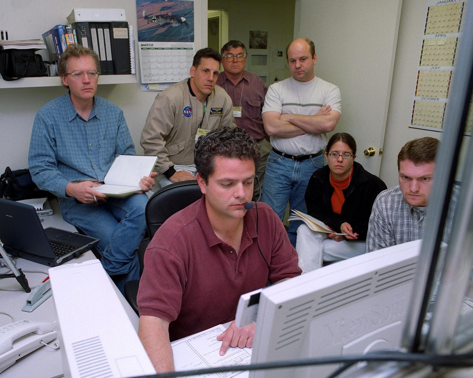 Proteus DSA control room in Mojave, CA (L to R) Jean-Pierre Soucy; Amphitech International Software engineer Craig Bomben; NASA Dryden Test Pilot Pete Siebold; (with headset, at computer controls) Sca