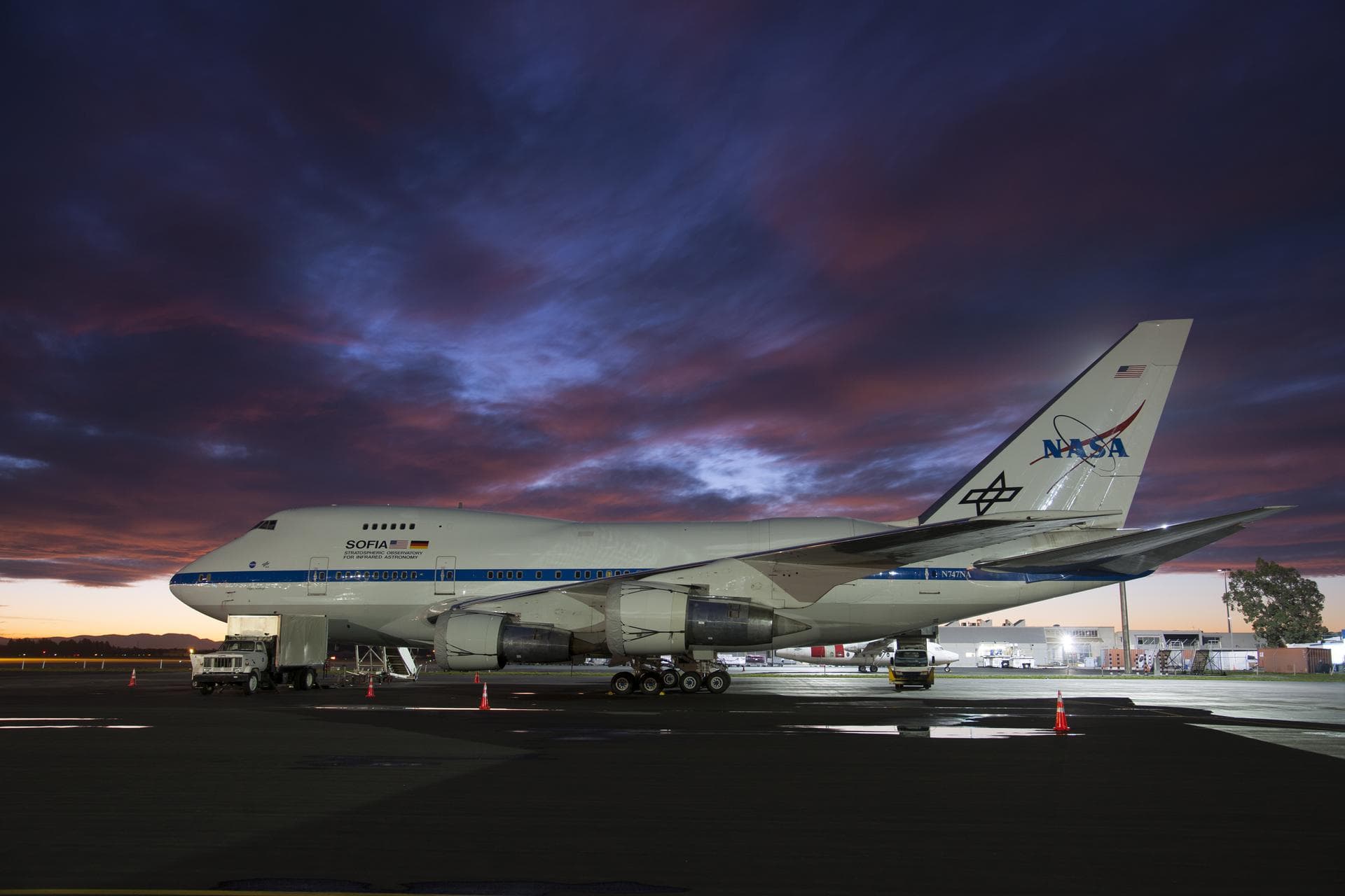 This high-dynamic range (HDR) photo of the Stratospheric Observatory for Infrared Astronomy (SOFIA) was captured just before sunset at the Christchurch International Airport in Christchurch, New Zeala