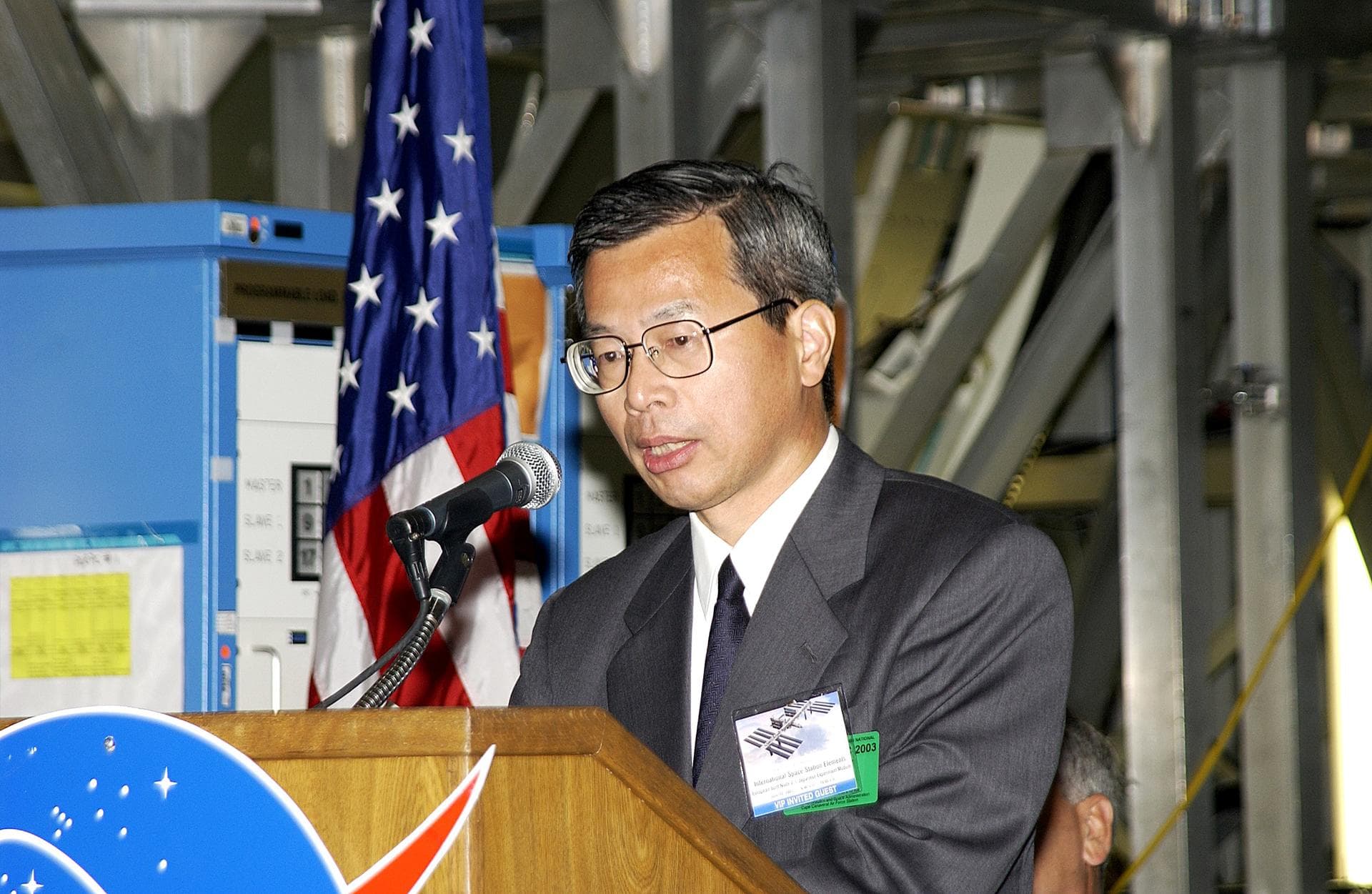 KENNEDY SPACE CENTER, FLA. -  Kuniaki Shiraki, JEM Project manager, National Aerospace and Development Agency of Japan,  speaks to guests and the media gathered in the Space Station Processing Facilit