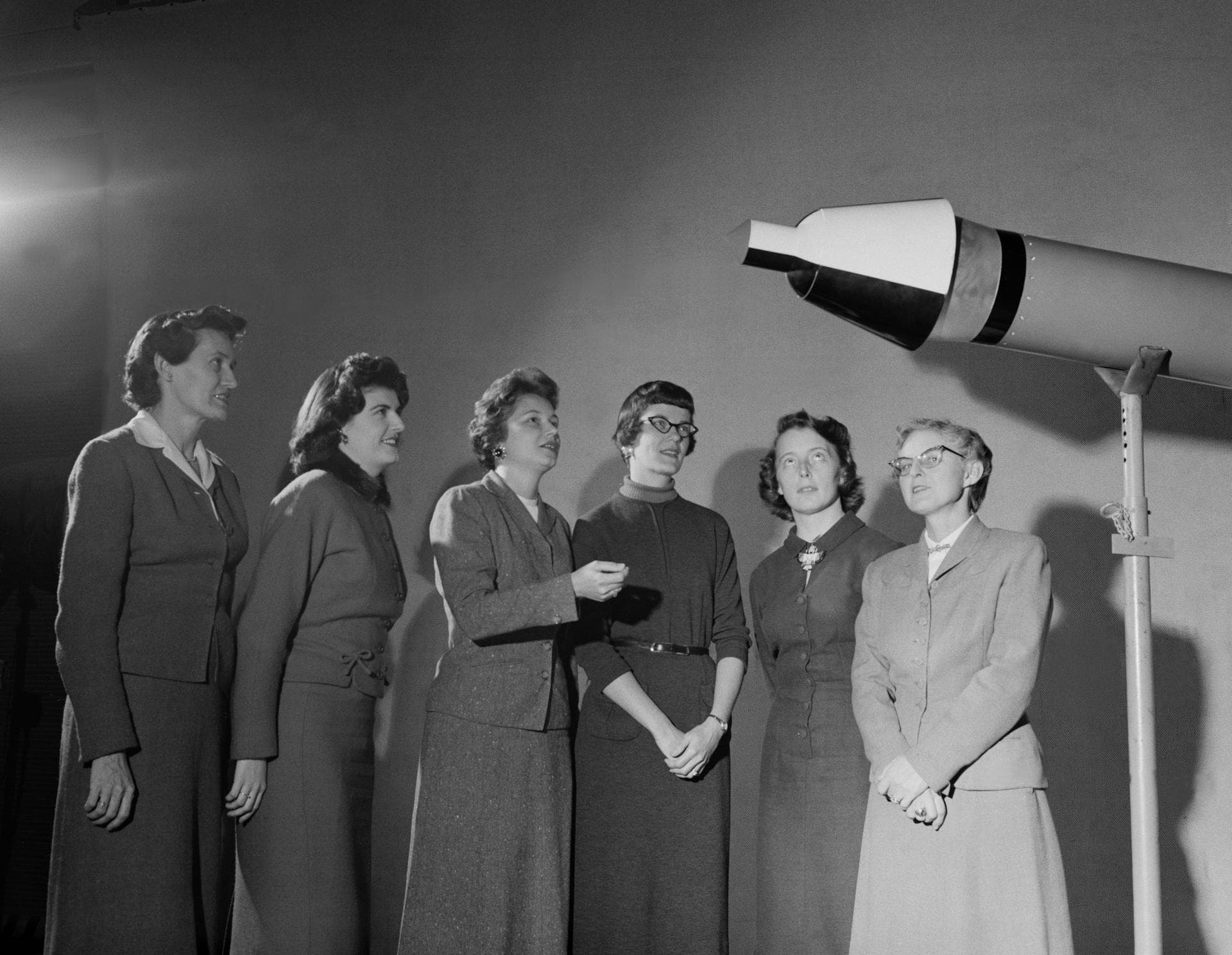 Women Scientists: Lucille Coltrane, Jean Clark Keating, Katherine Cullie Speegle, Doris 'Dot' Lee, Ruth Whitman, and Emily Stephens Mueller,Lucille Coltrane is at the far left. She was a computer and 