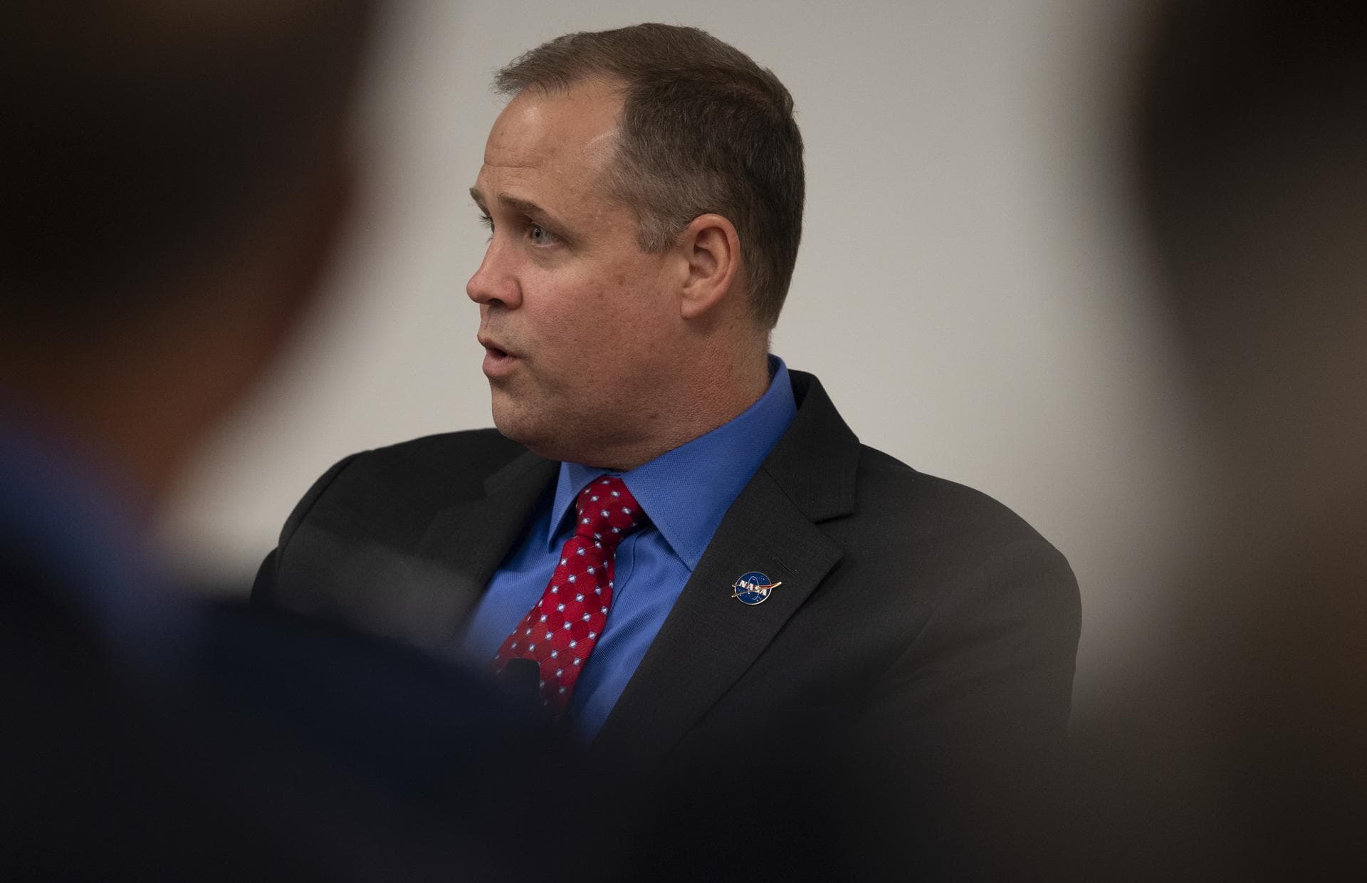NASA Administrator Jim Bridenstine is seen during a discussion moderated by Jeff Foust, senior staff writer at SpaceNews, with NASA Associate Administrator for the Human Exploration and Operations Mis