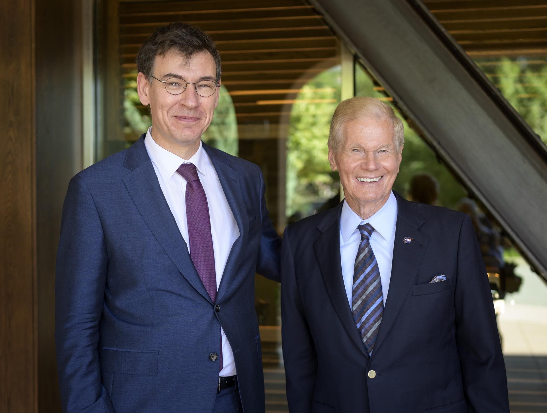 Philippe Baptiste, Chairman and CEO, Centre National d’Etudes Spatiales (CNES), left and NASA Administrator Bill Nelson pose for a photograph prior to a bilateral meeting during the 36th Space Symposi