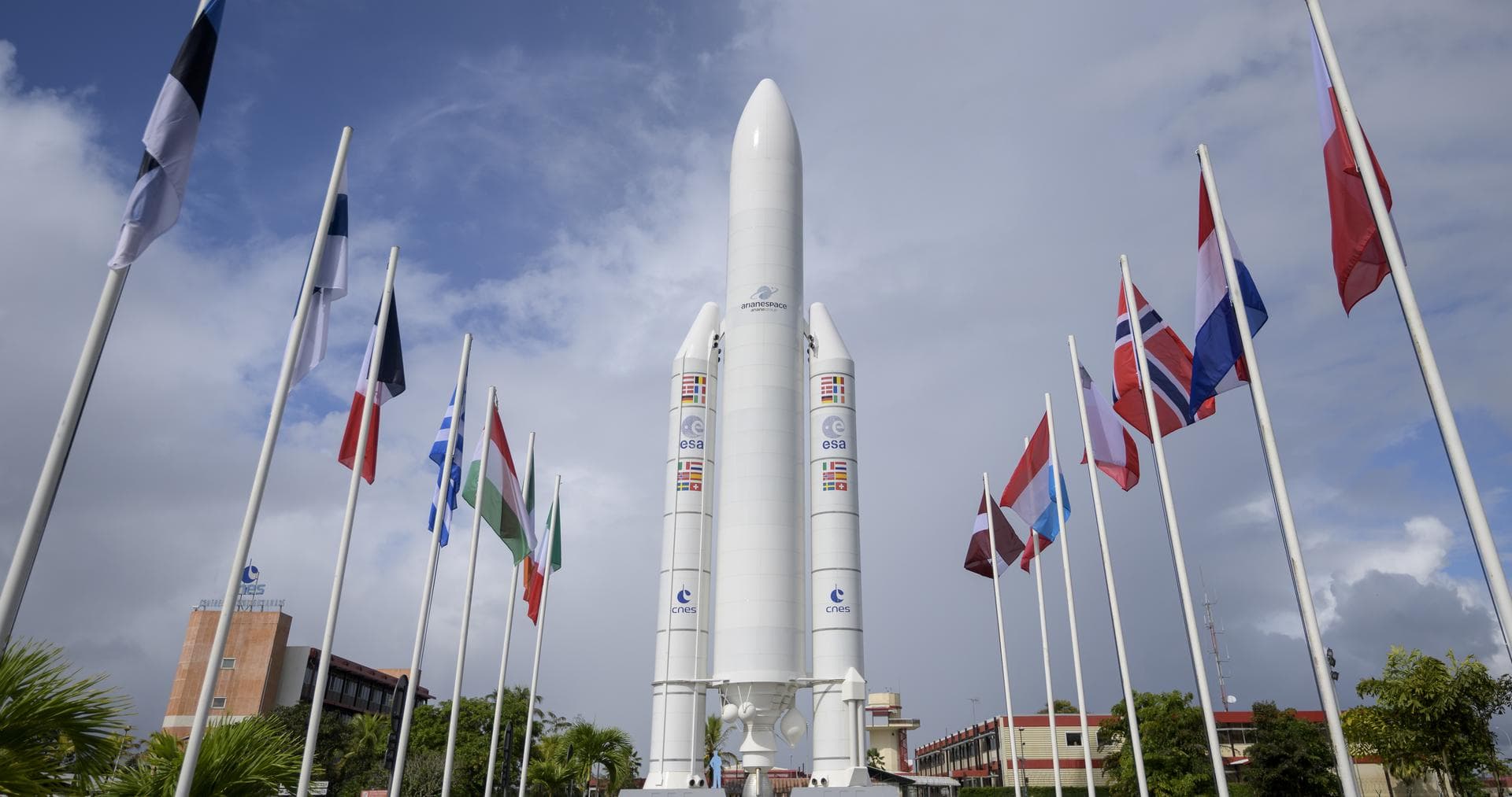 A mockup of Arianespace's Ariane 5 rocket is seen at the entrance to the Guiana Space Center in Kourou, French Guiana, Tuesday, Dec. 21, 2021. The James Webb Space Telescope (sometimes called JWST or 