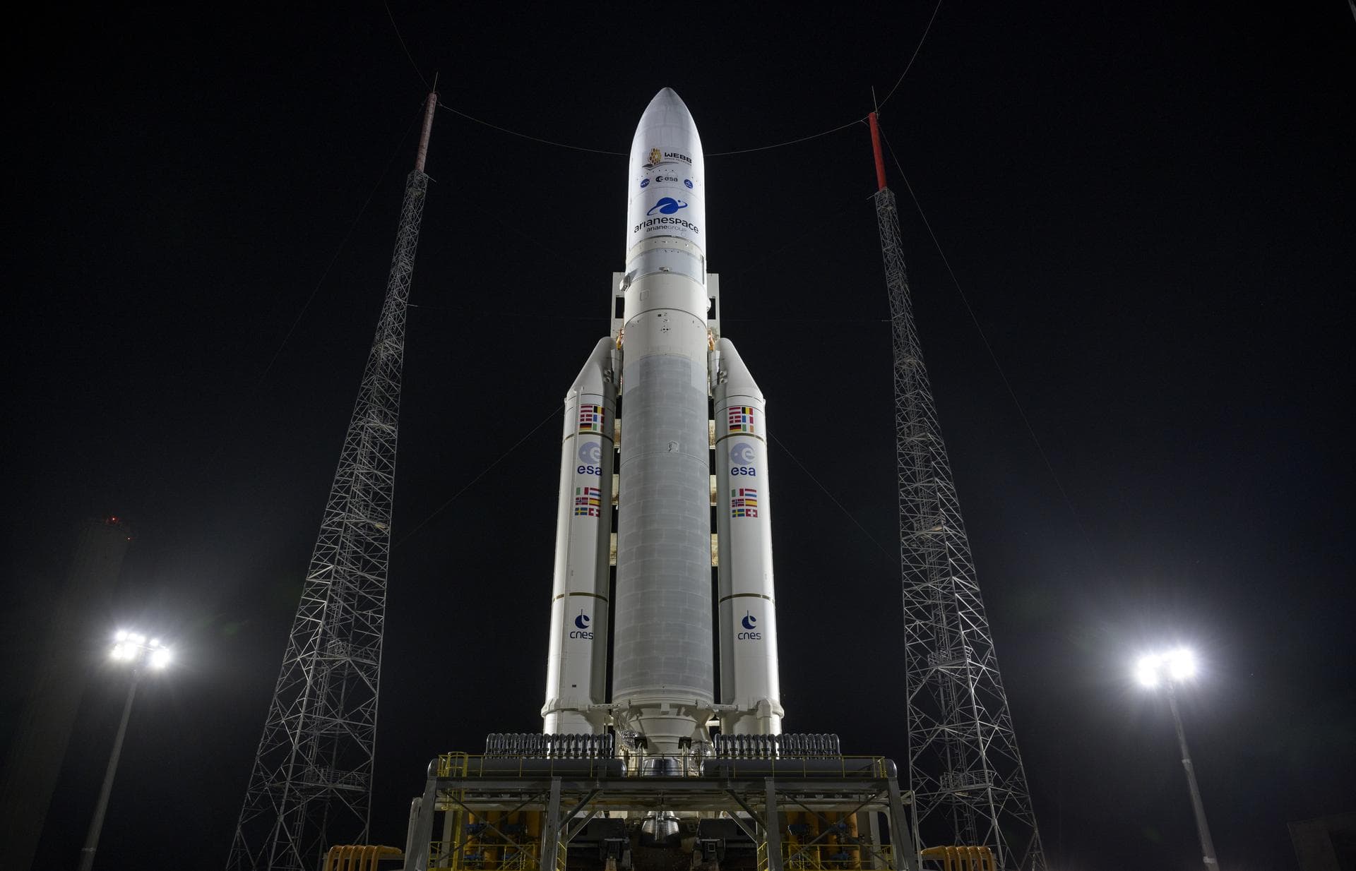 Arianespace's Ariane 5 rocket with NASA’s James Webb Space Telescope onboard, is seen at the launch pad, Thursday, Dec. 23, 2021, at Europe’s Spaceport, the Guiana Space Center in Kourou, French Guian