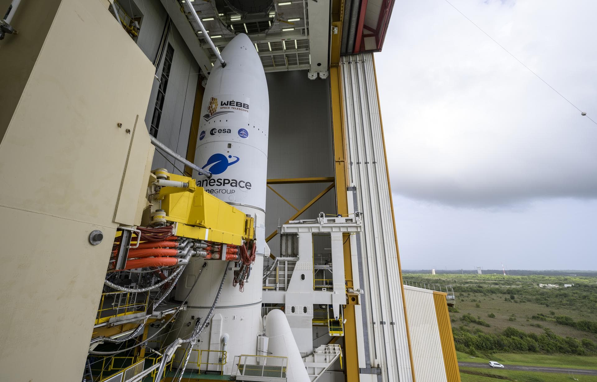 Arianespace's Ariane 5 rocket with NASA’s James Webb Space Telescope onboard, is seen ahead of rollout to the launch pad, Thursday, Dec. 23, 2021, at Europe’s Spaceport, the Guiana Space Center in Kou
