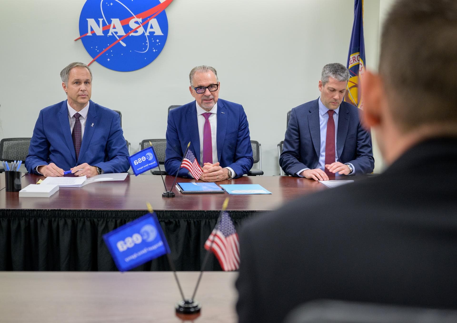 ESA Director General Josef Aschbacher, center, meets with NASA Administrator Jared Isaacman, Wednesday, Feb. 11, 2026, at the Mary W. Jackson NASA Headquarters Building in Washington. Photo Credit: (N