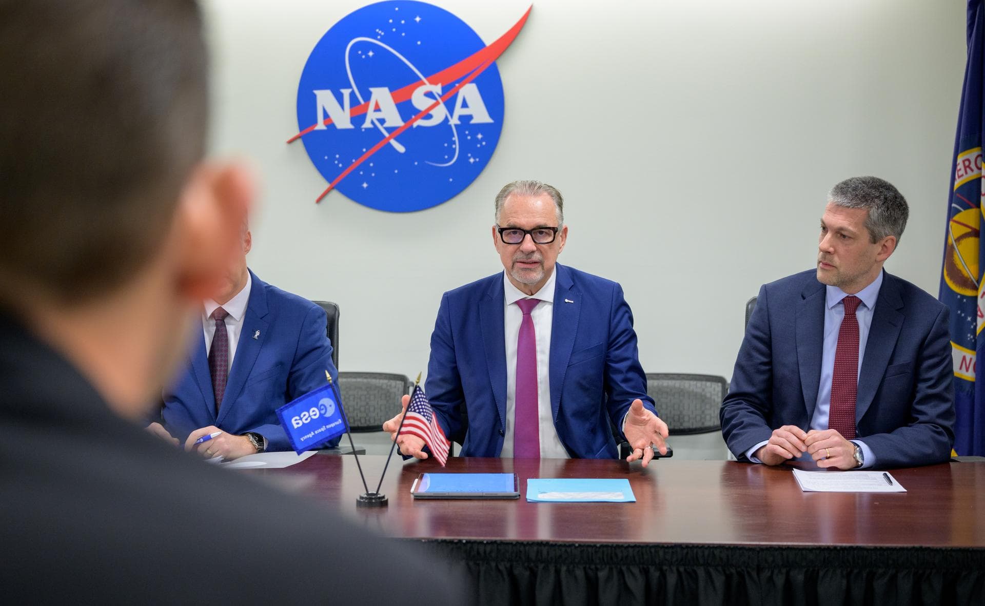 ESA Director General Josef Aschbacher, center, meets with NASA Administrator Jared Isaacman, Wednesday, Feb. 11, 2026, at the Mary W. Jackson NASA Headquarters Building in Washington. Photo Credit: (N