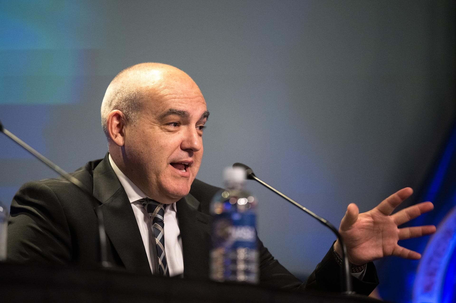 NASA Moon Base program executive, Carlos Garcia-Galan, provides remarks during a news conference to discuss Moon Base, a long-term lunar exploration and infrastructure initiative designed to enable su
