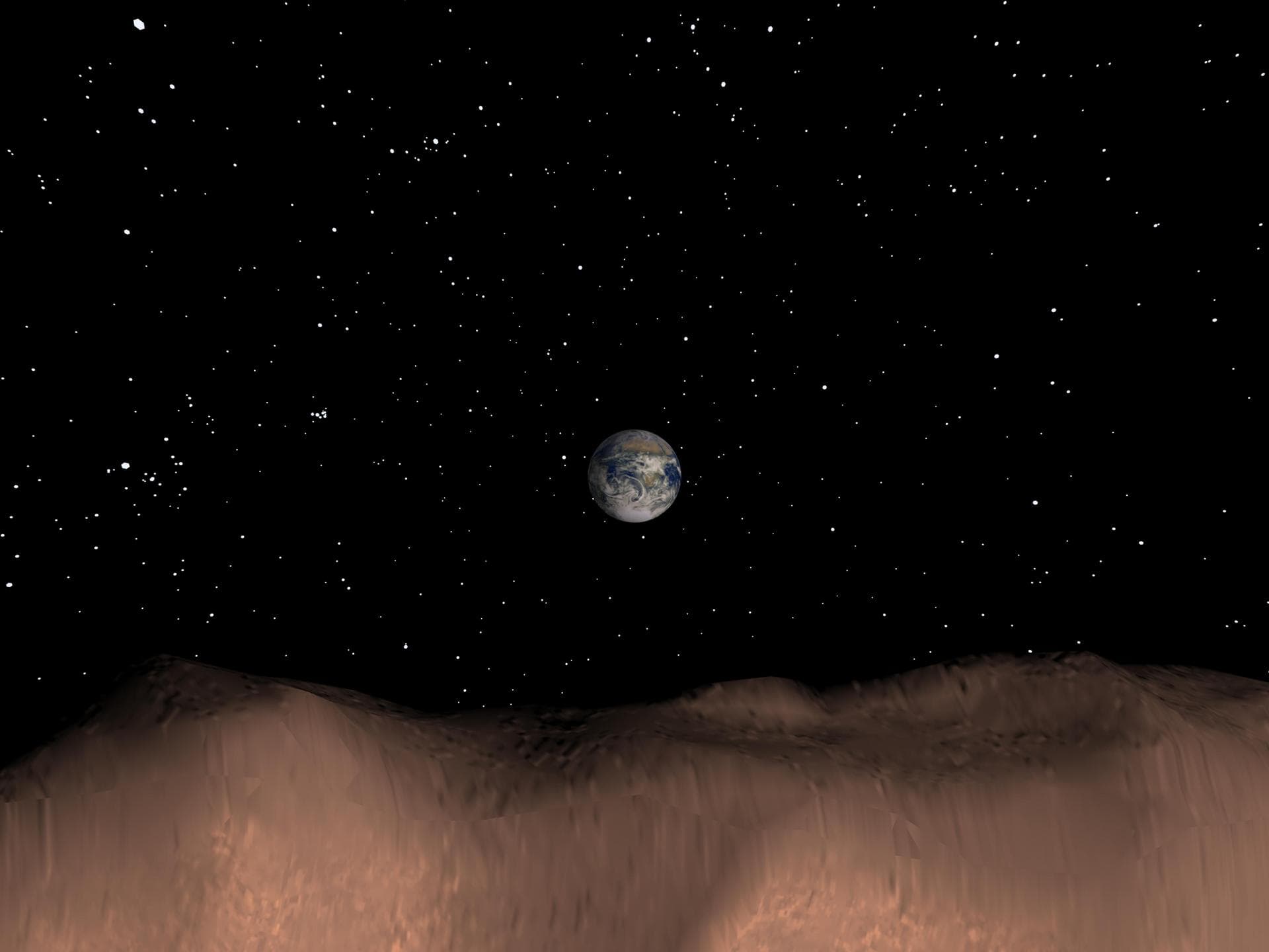 This computer generated image depicts a view of Earth as seen from the surface of the asteroid Toutatis on Nov 29th 1996. A 2.5 degree field-of-view synthetic computer camera was used for this simulat