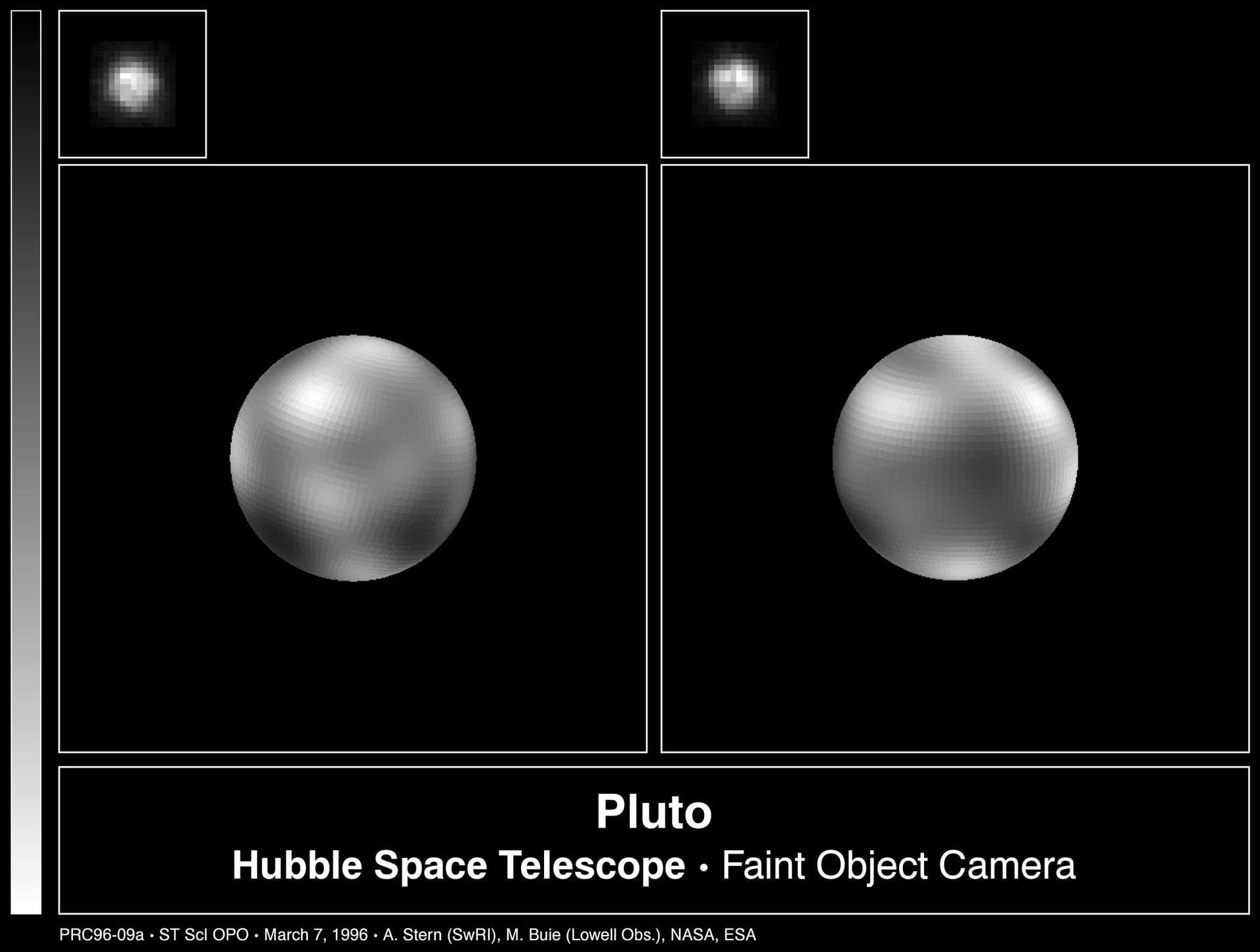 The never-before-seen surface of the distant planet Pluto is resolved in these NASA Hubble Space Telescope pictures, taken with the European Space Agency Faint Object Camera FOC aboard Hubble.