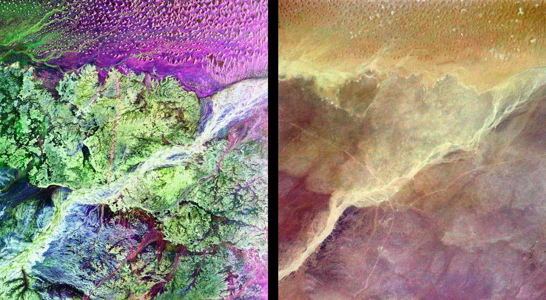 This pair of images from space shows a portion of the southern Empty Quarter of the Arabian Peninsula in the country of Oman. On the left is a radar image of the region around the site of the fabled L