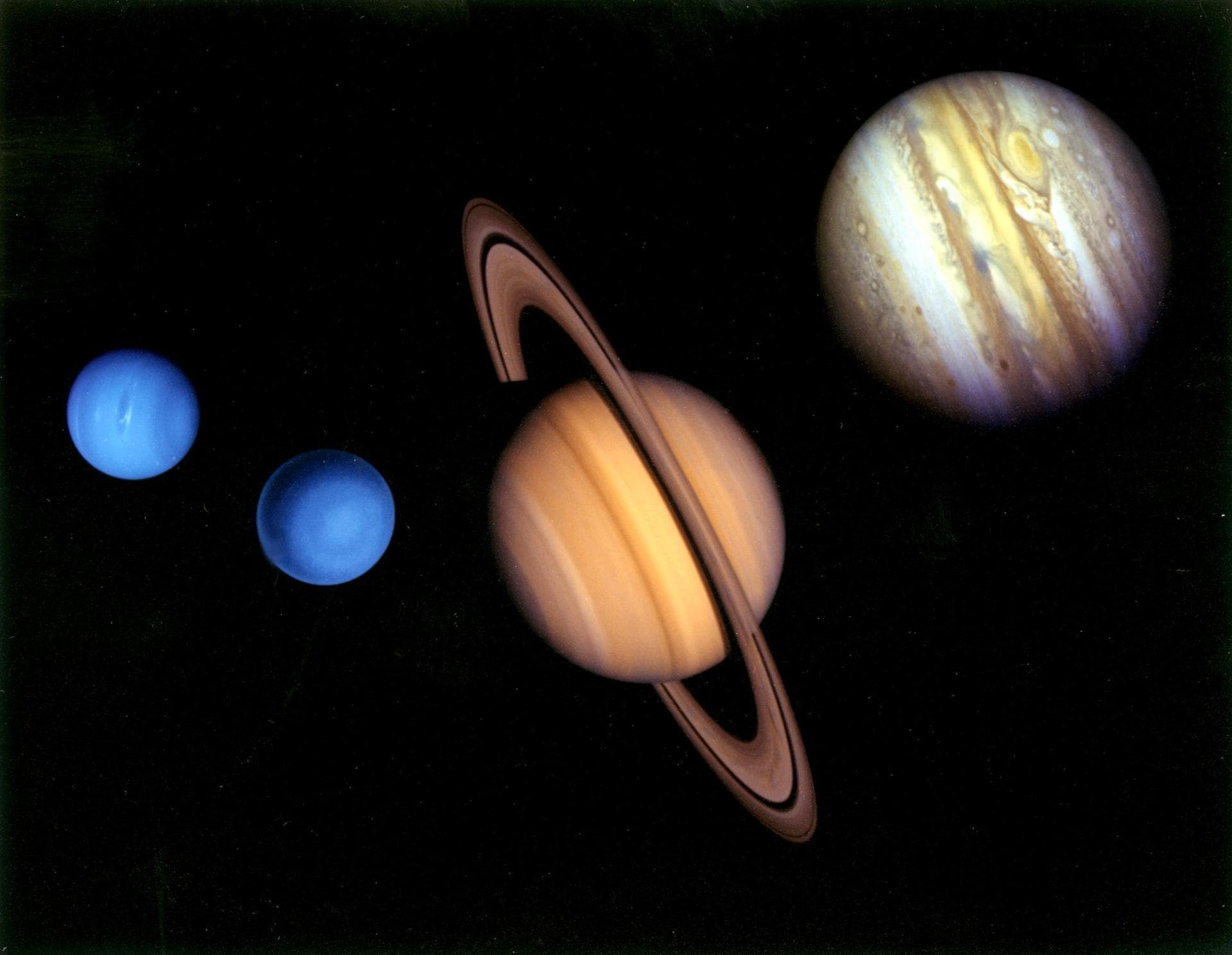 This montage of images of the planets visited by NASA's Voyager 2 was prepared from an assemblage of images taken by the 2 Voyager spacecraft. https://photojournal.jpl.nasa.gov/catalog/PIA01483
