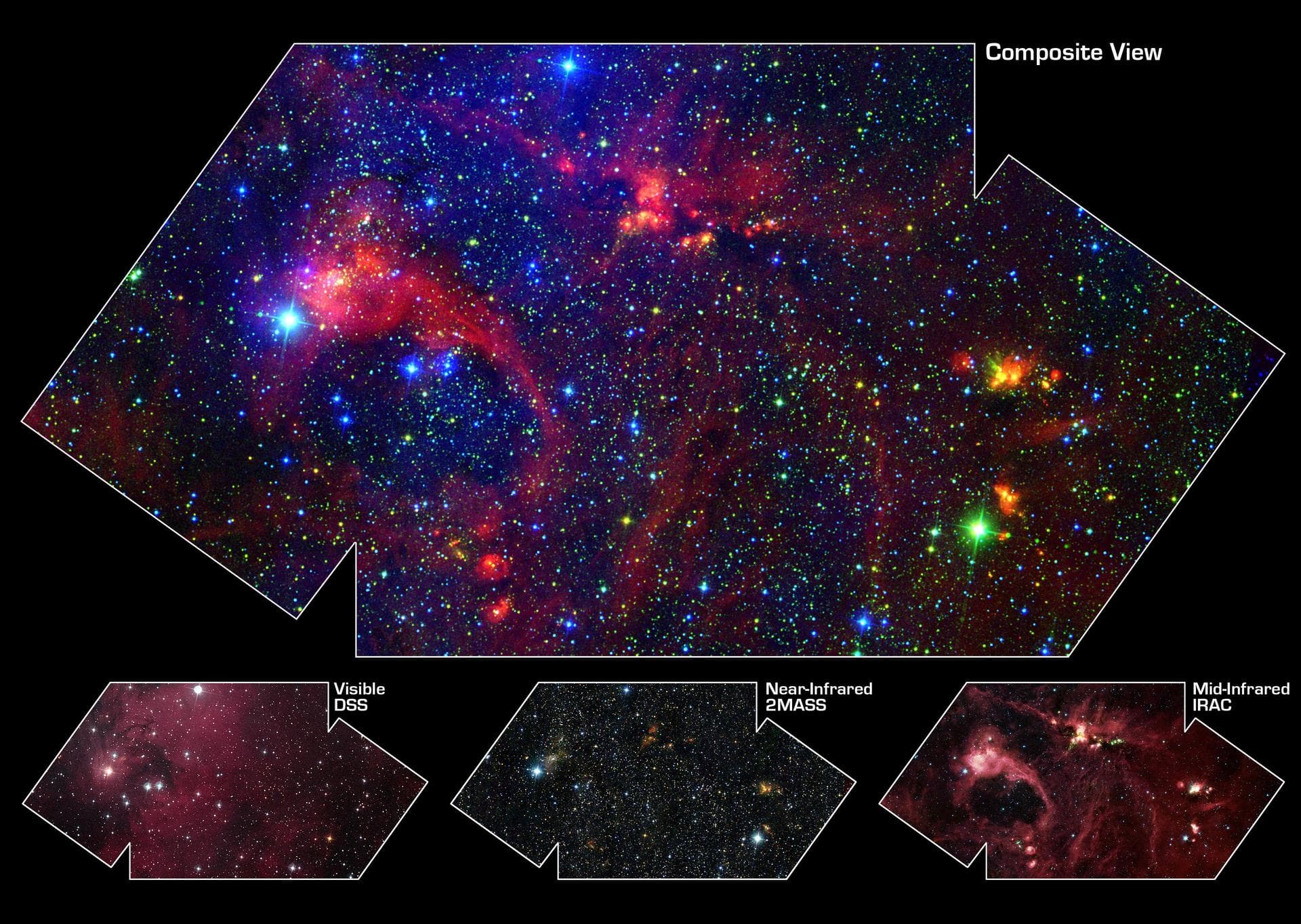 Hidden behind a shroud of dust in the constellation Cygnus is a stellar nursery called DR21, which is giving birth to some of the most massive stars in our galaxy. Visible light images reveal no trace