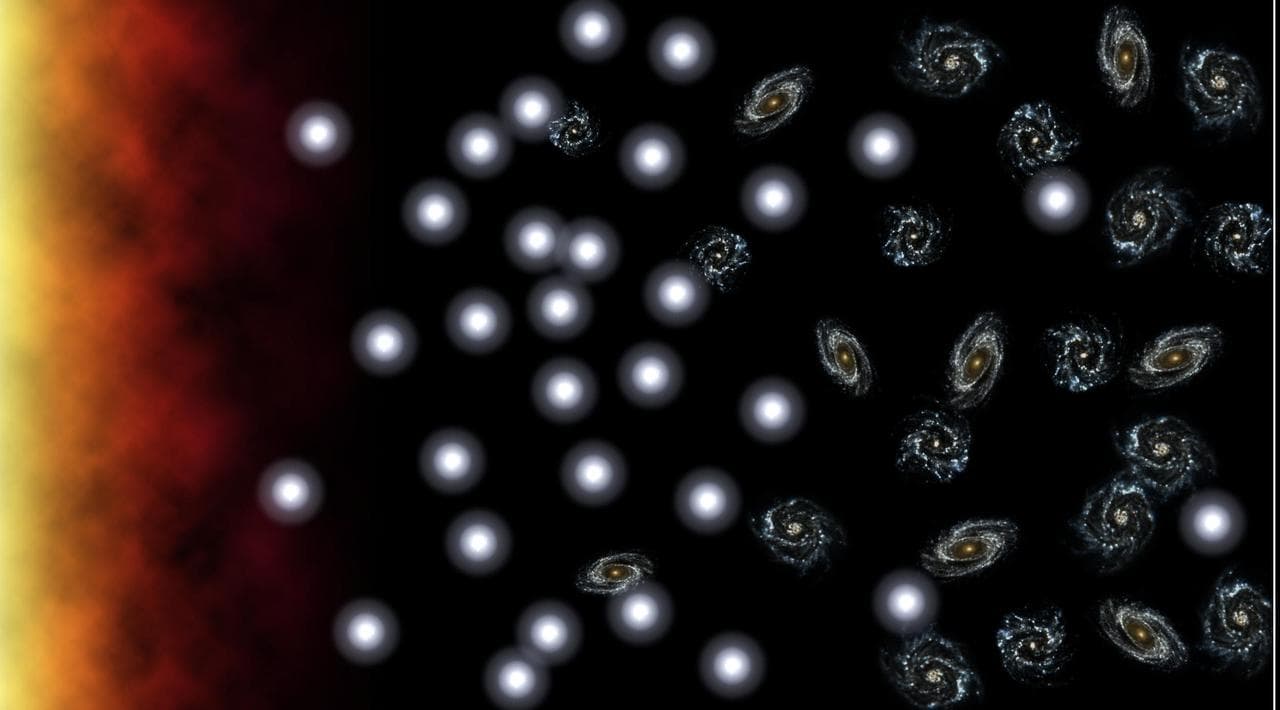 This artist's conception illustrates the decline in our universe's "birth-rate" over time. When the universe was young, massive galaxies were forming regularly, like baby bees in a bustling hive. In t