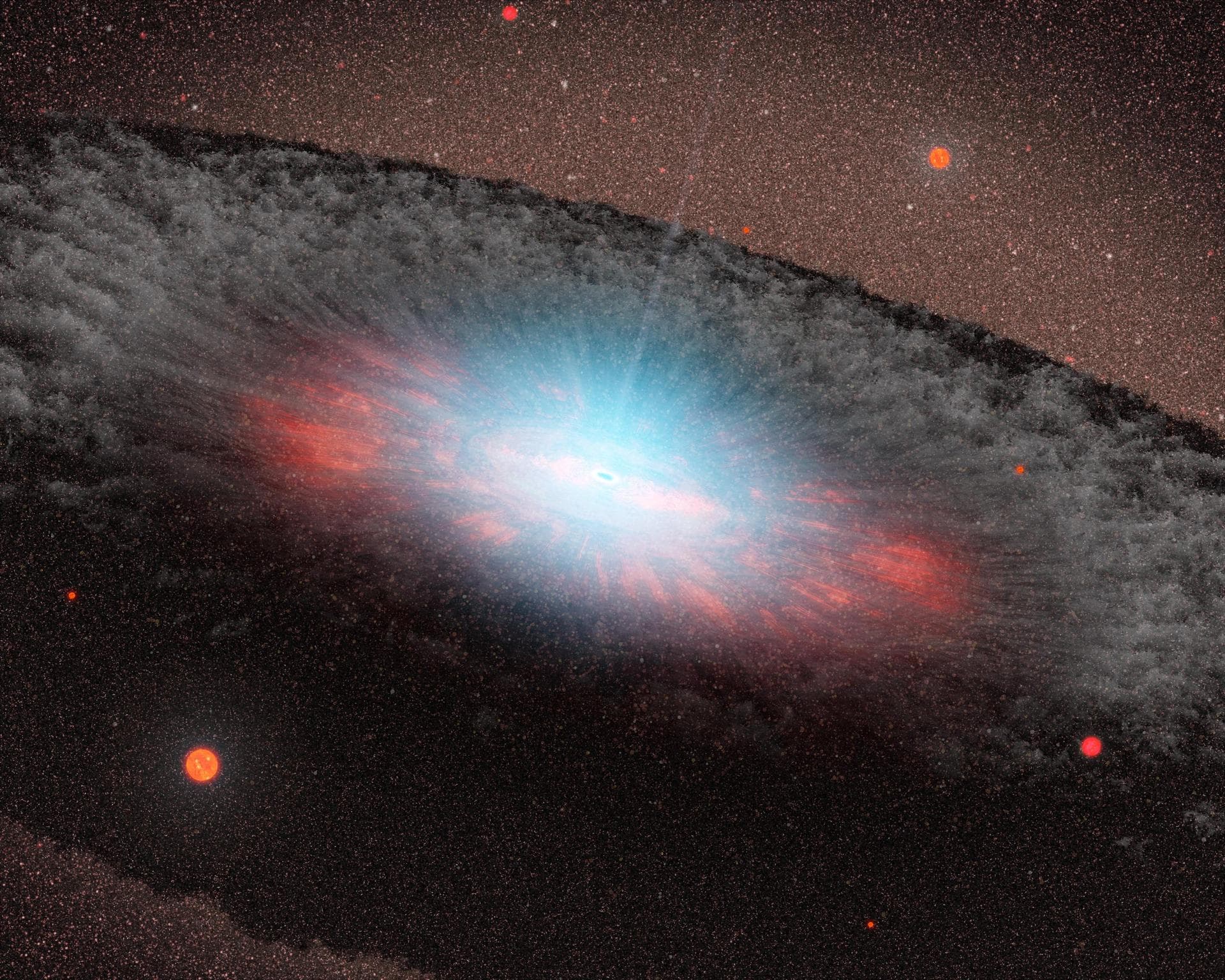 This artist concept depicts a supermassive black hole at the center of a galaxy. NASA Galaxy Evolution Explorer found evidence that black holes once they grow to a critical size stifle the formation o