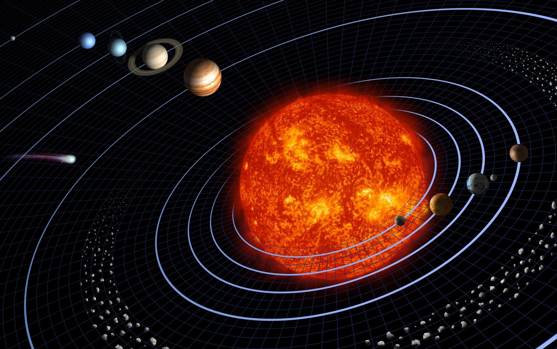 Our solar system features eight planets, seen in this artist’s diagram. This representation is intentionally fanciful, as the planets are depicted far closer together than they really are.