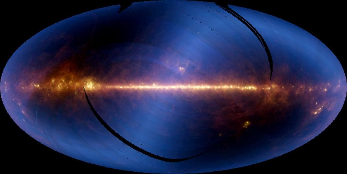 Nearly the entire sky, as seen in infrared wavelengths and projected at one-half degree resolution, is shown in this image, assembled from six months of data from the NASA Infrared Astronomical Satell