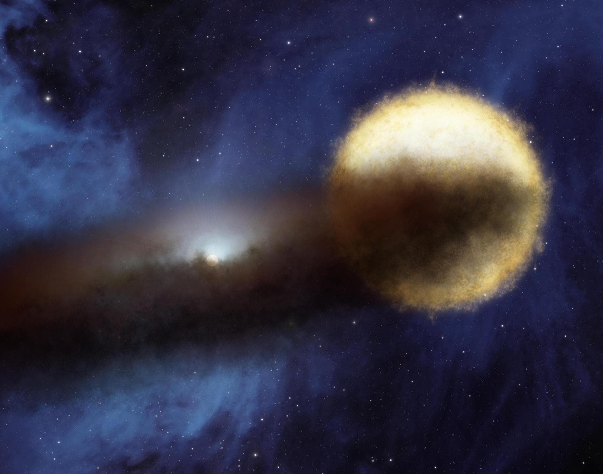 Every 27 years, a bright star called Epsilon Aurigae fades over period of two years, then brightens back up again. A companion is known to be surrounded by a dusty disk, as illustrated in this artist