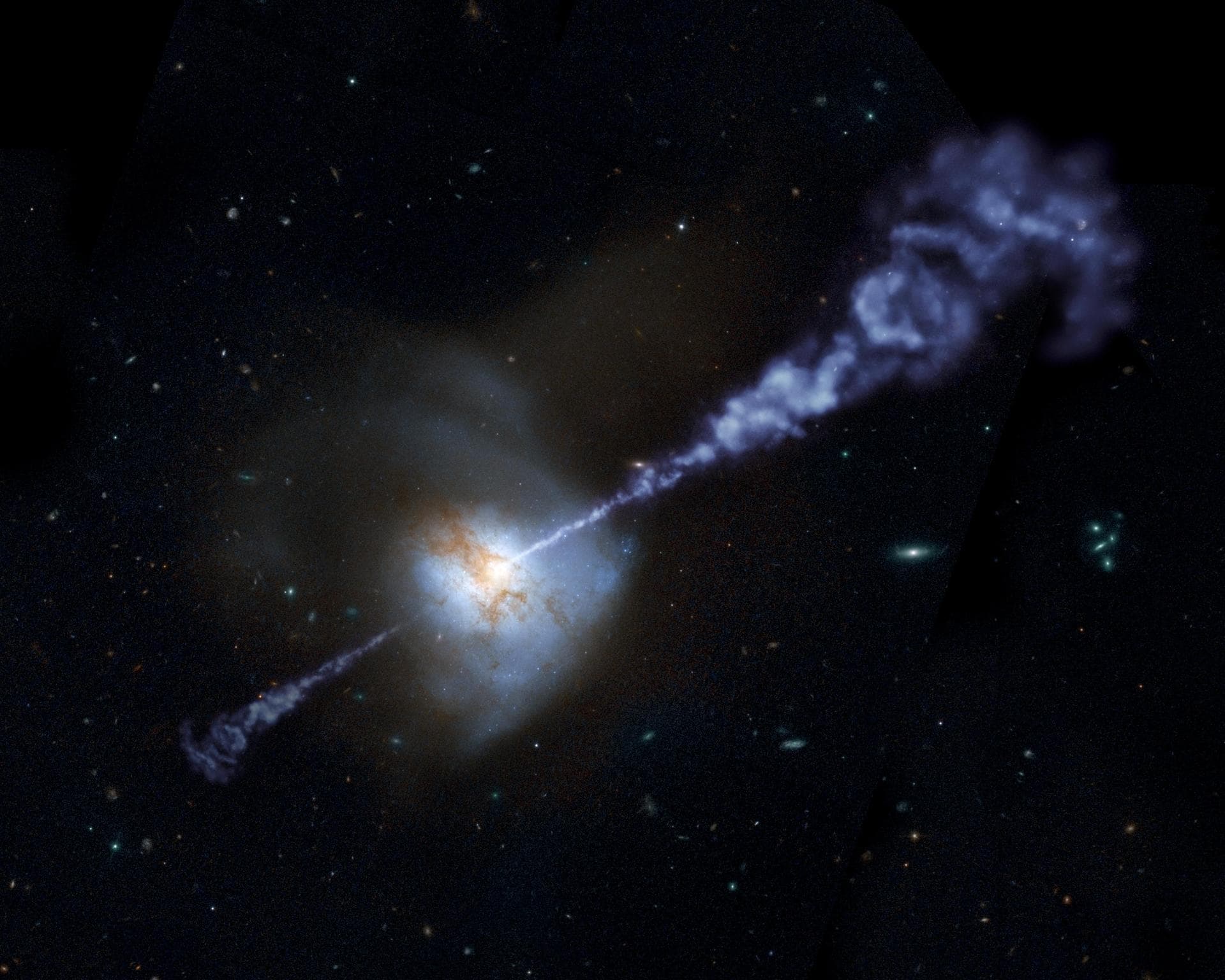 Herschel Space Observatory has shown that galaxies with the most powerful, active, supermassive black holes at their cores produce fewer stars than galaxies with less active black holes in this artist