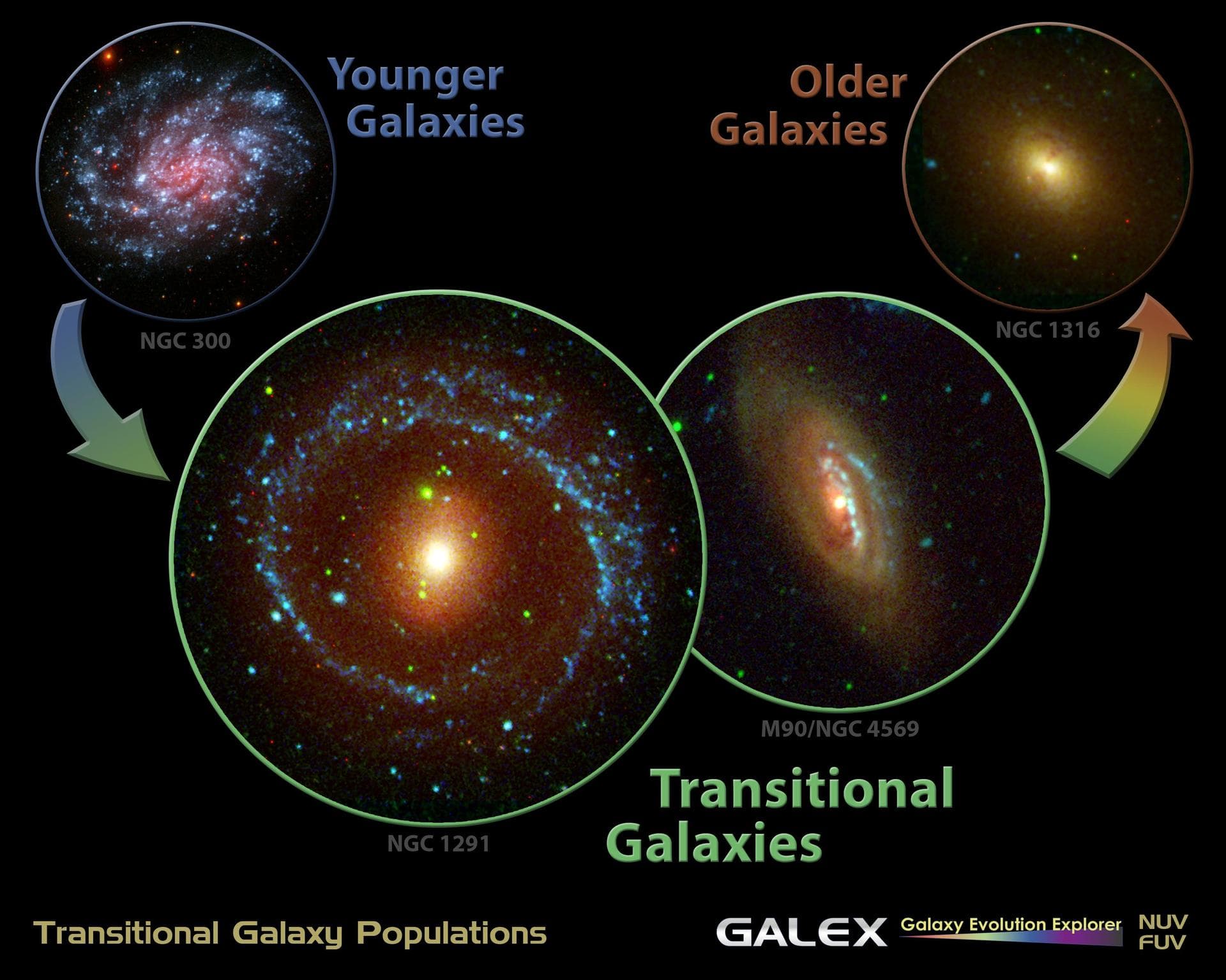 Evidence from NASA Galaxy Evolution Explorer supports the long-held notion that many galaxies begin life as smaller spirals before transforming into larger, elliptical-shaped galaxies.
