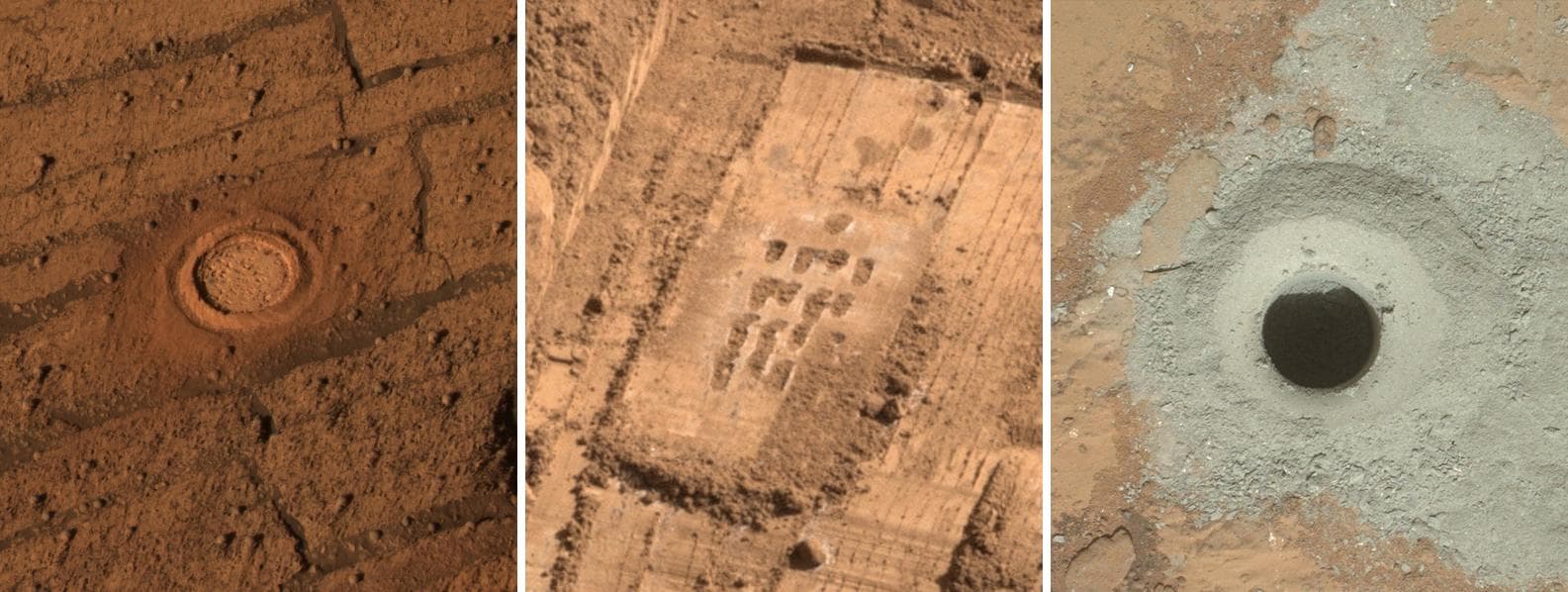 This set of images from Mars shows the handiwork of different tools on three NASA missions to the surface of Mars.
