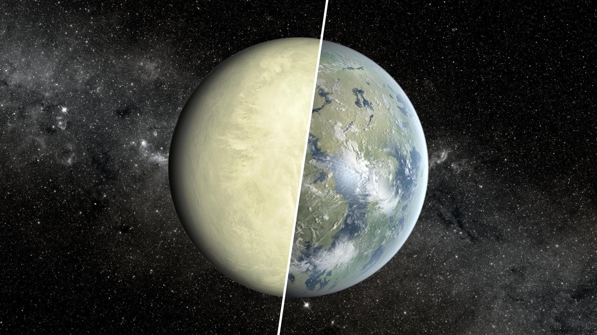 This artist concept shows a Super Venus planet on the left, and a Super Earth on the right. Researchers use a concept known as the habitable zone to distinguish between these two types of planets, whi