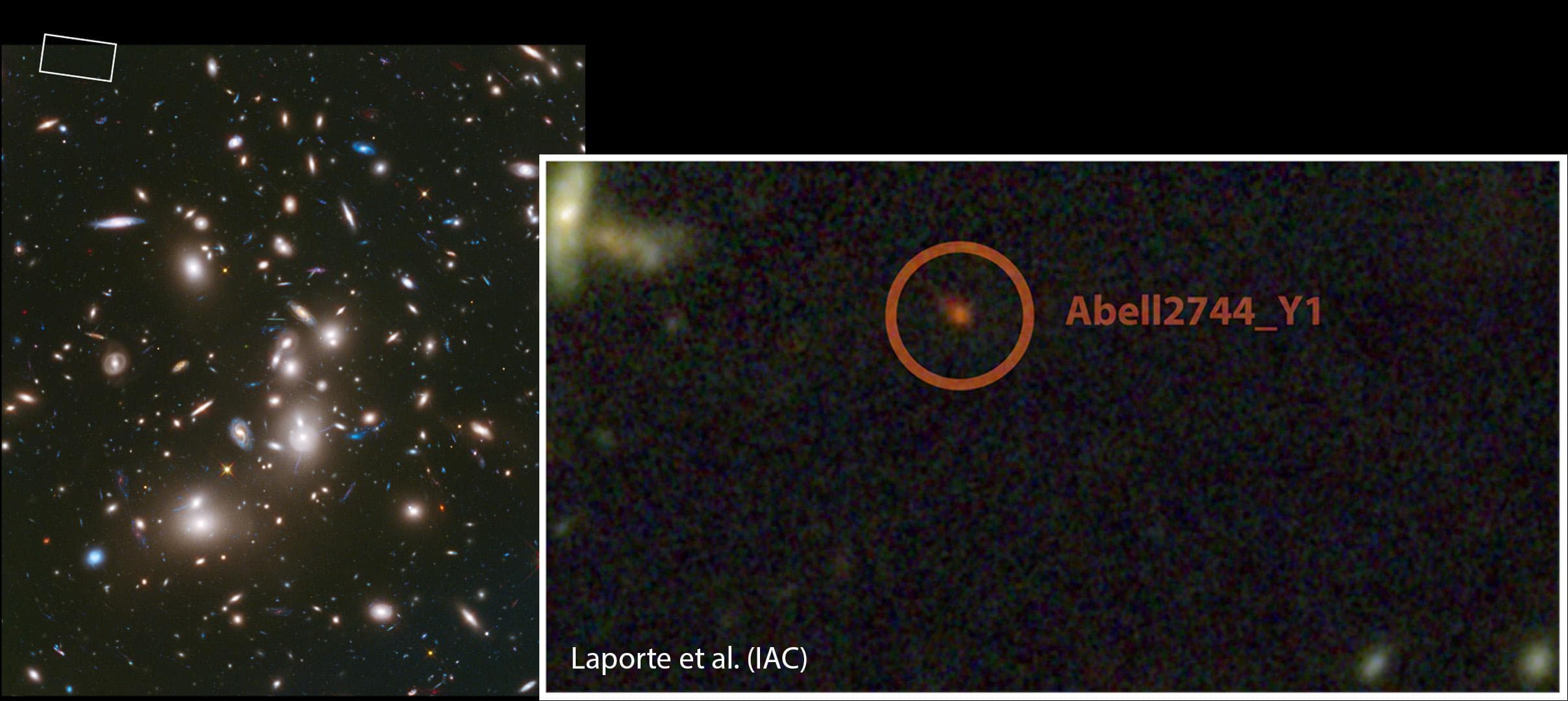 This image of the galaxy cluster Abell 2744 was obtained with NASA Hubble Space Telescope. The zoomed image shows the region around the galaxy Abell2744_Y1, one of the most distant galaxy candidates k