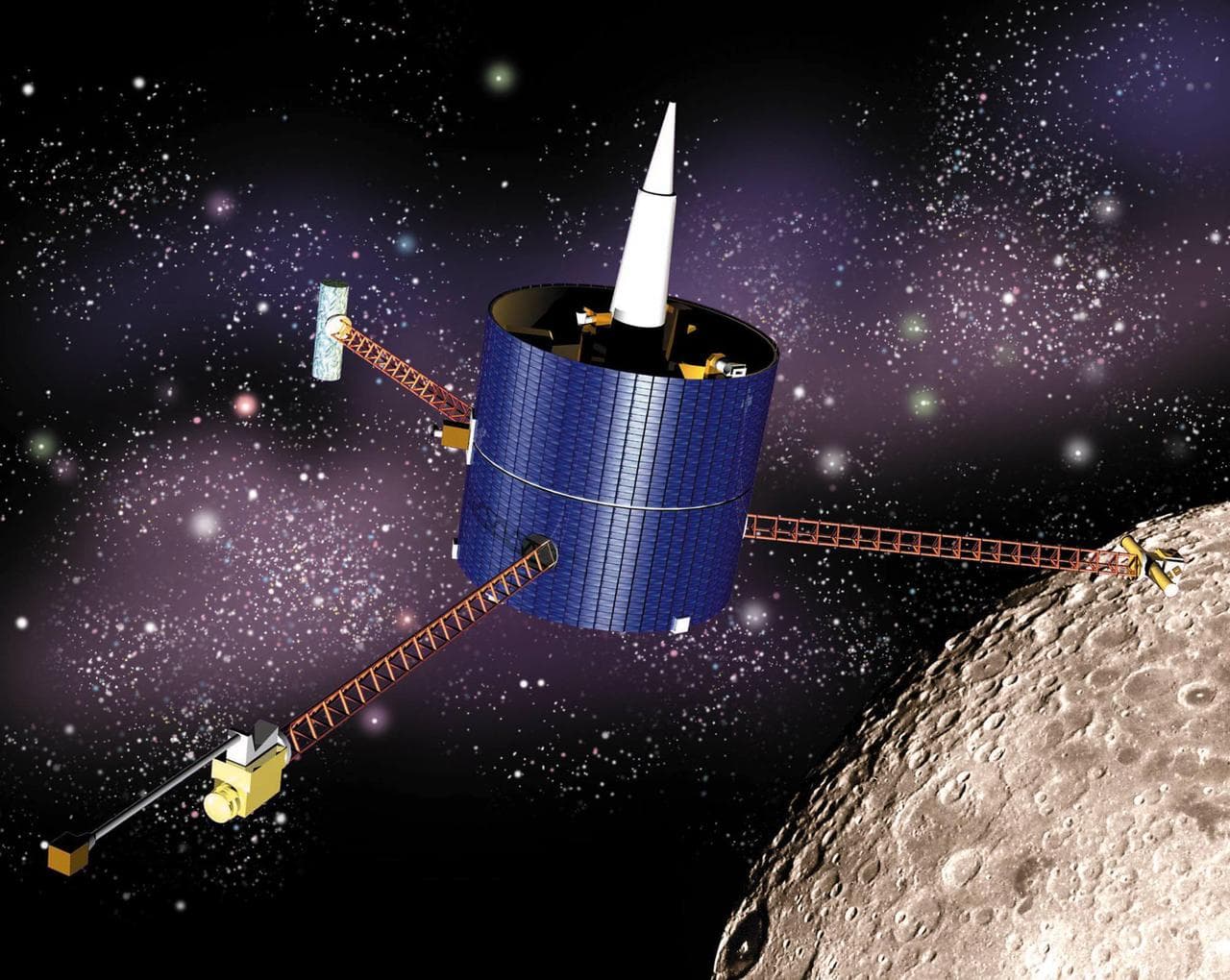 This artist concept of the Lunar Prospector shows the spacecraft in lunar orbit. Instrument masts are fully deployed. http://photojournal.jpl.nasa.gov/catalog/PIA18162