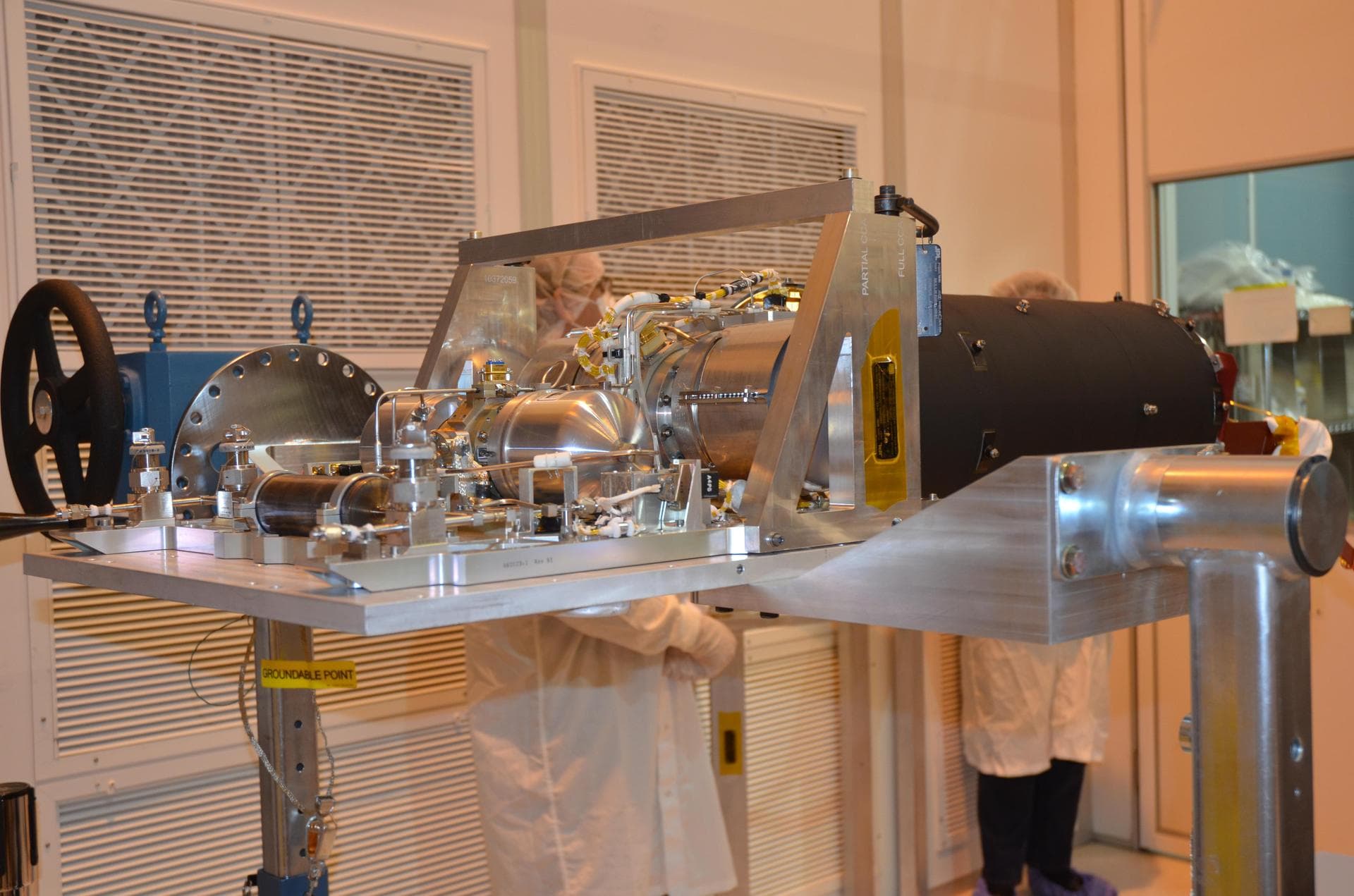 This image shows the cooling device for the Mid-Infrared Instrument, or MIRI, one of the James Webb Space Telescope's four instruments. This photo was taken after the cryocooler had completed testing,