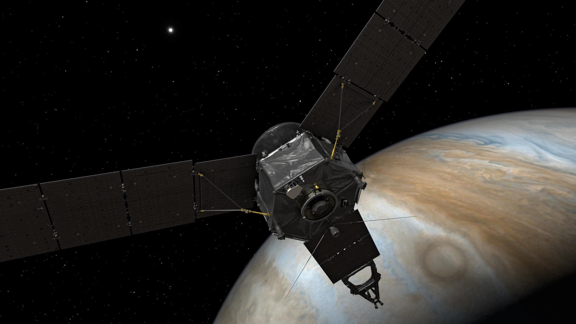 This illustration depicts NASA's Juno spacecraft at Jupiter, with its solar arrays and main antenna pointed toward the distant sun and Earth.  http://photojournal.jpl.nasa.gov/catalog/PIA20703