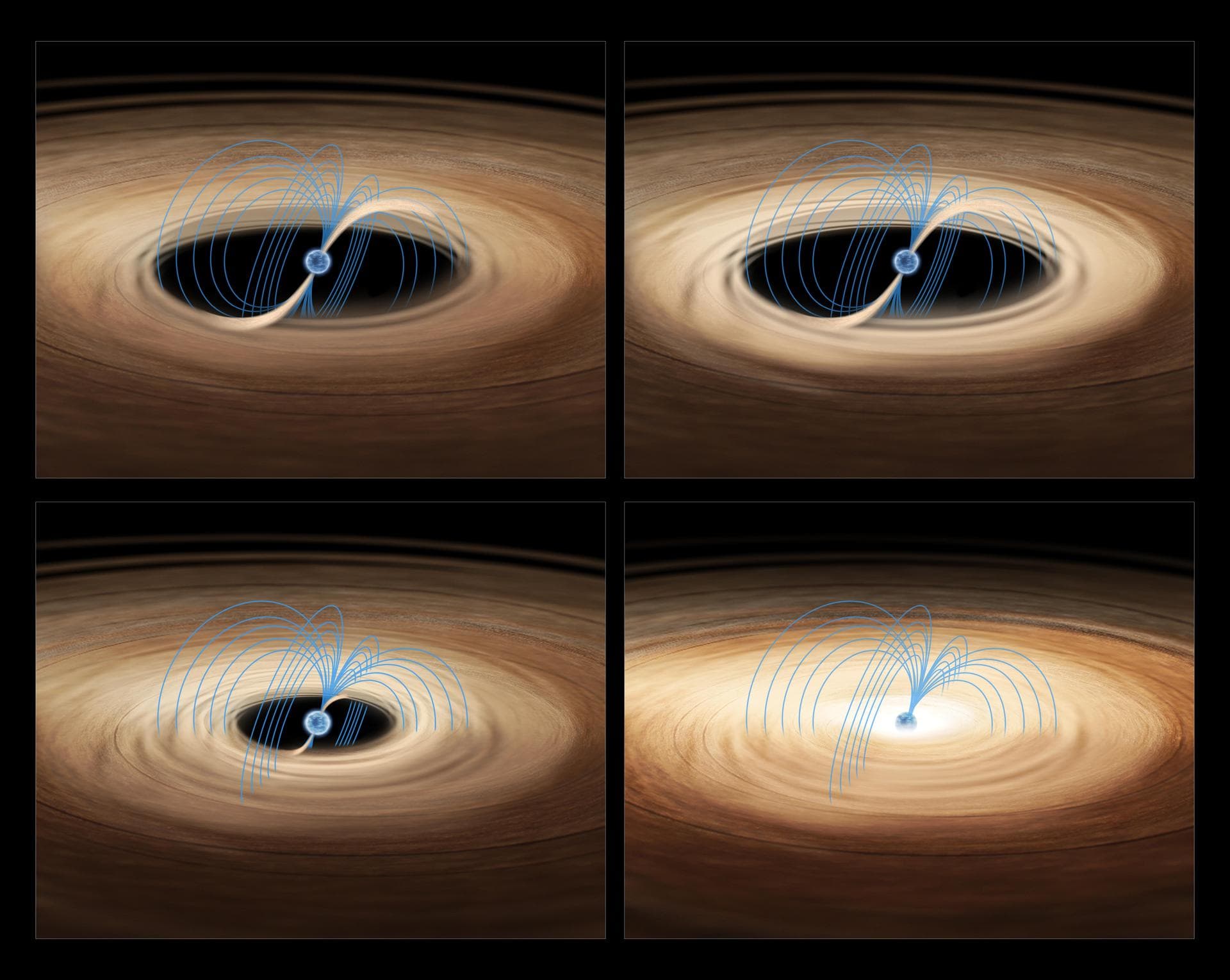 These four images show an artist's impression of gas accreting onto the neutron star in the binary system MXB 1730-335, also known as the "Rapid Burster."  In such a binary system, the gravitational p
