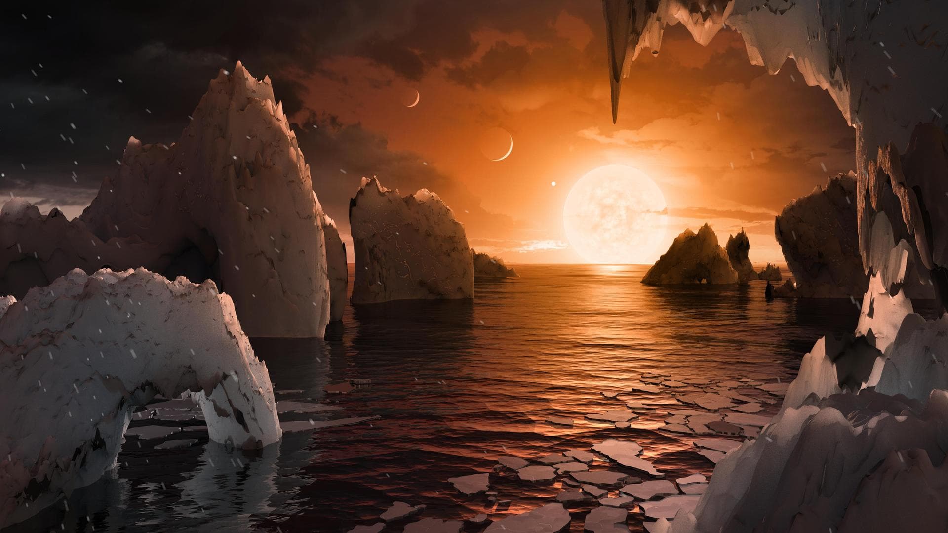 This artist's concept allows us to imagine what it would be like to stand on the surface of the exoplanet TRAPPIST-1f, located in the TRAPPIST-1 system in the constellation Aquarius. Because this pla