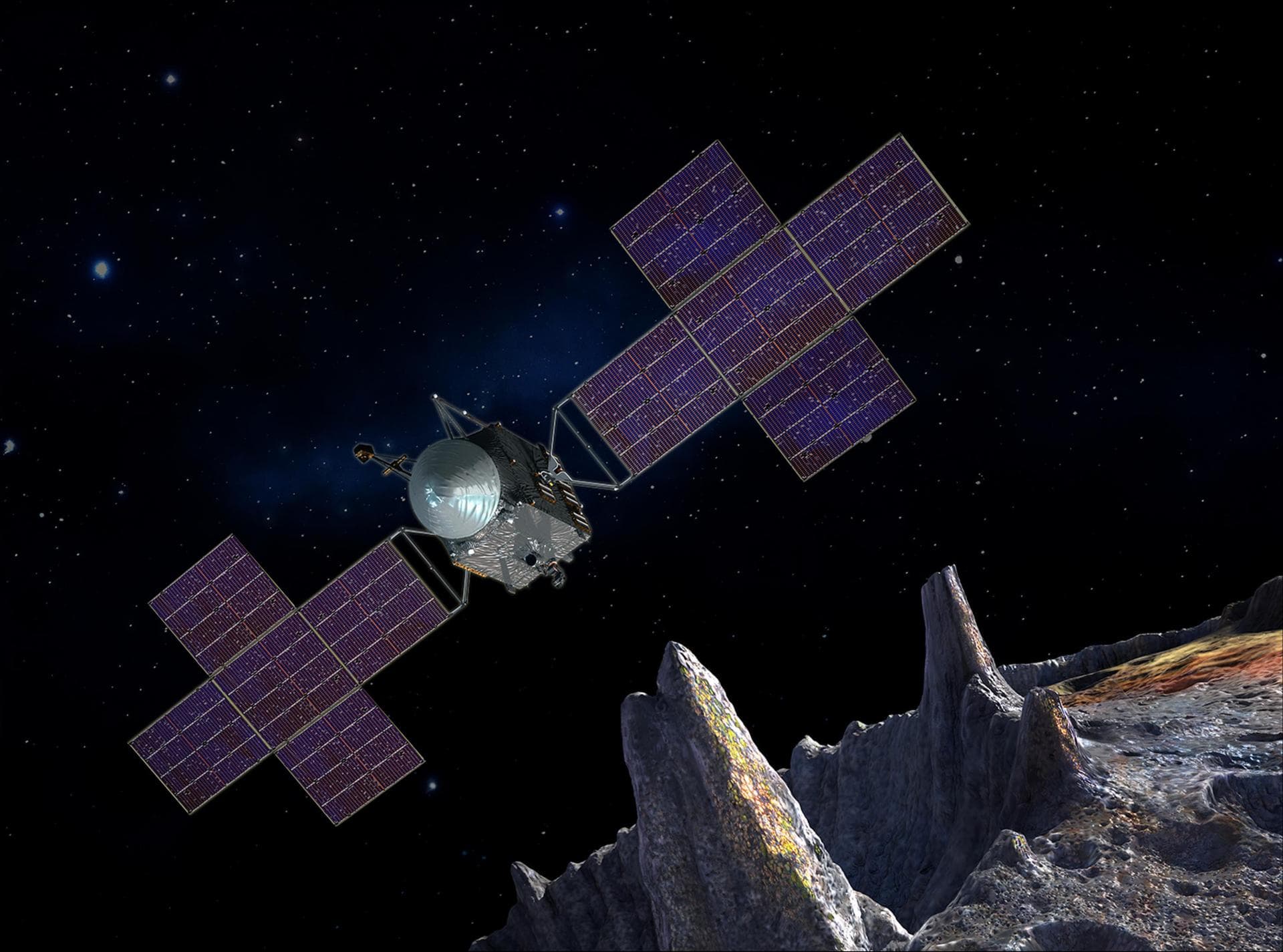 This artist's-concept illustration depicts the spacecraft of NASA's Psyche mission near the mission's target, the metal asteroid Psyche. The artwork was created in May 2017 to show the five-panel sola