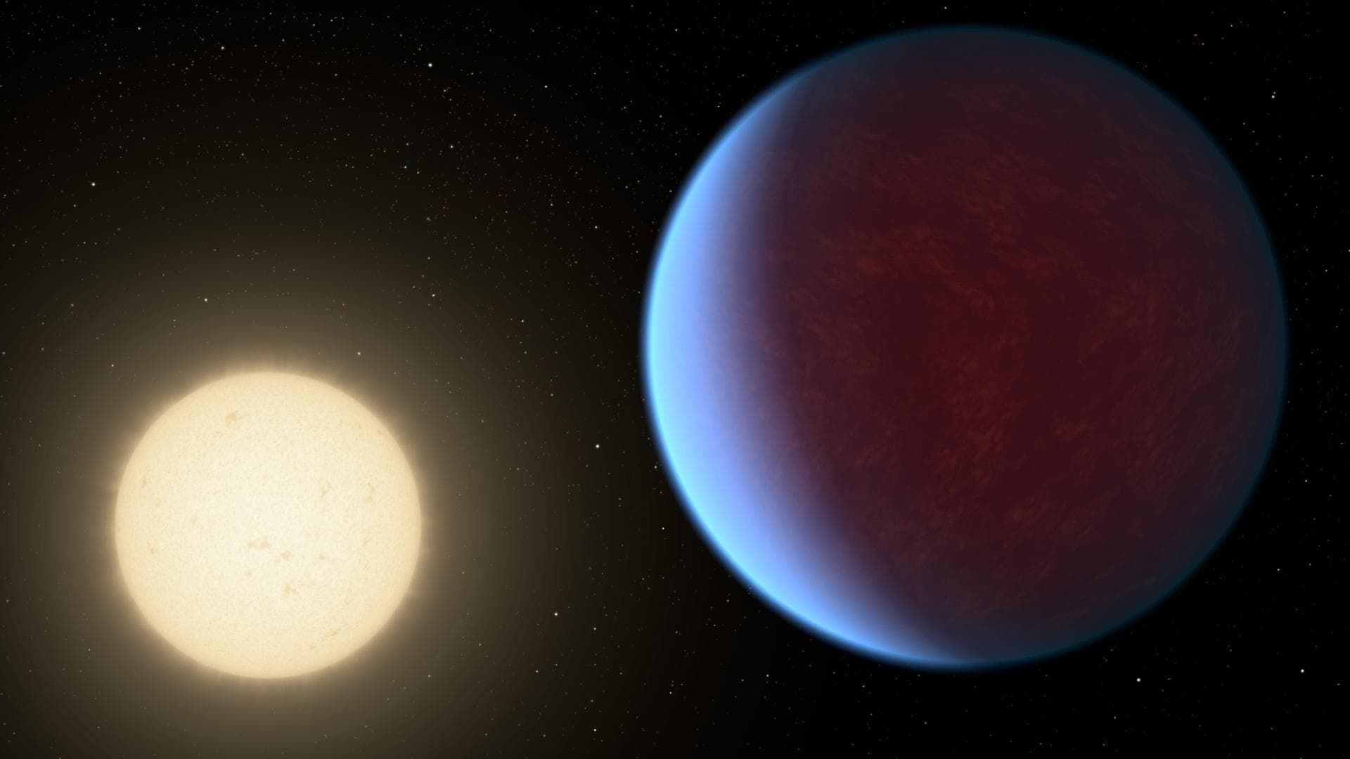 The super-Earth exoplanet 55 Cancri e, depicted with its star in this artist's concept, likely has an atmosphere thicker than Earth's, with ingredients that could be similar to those of Earth's atmosp