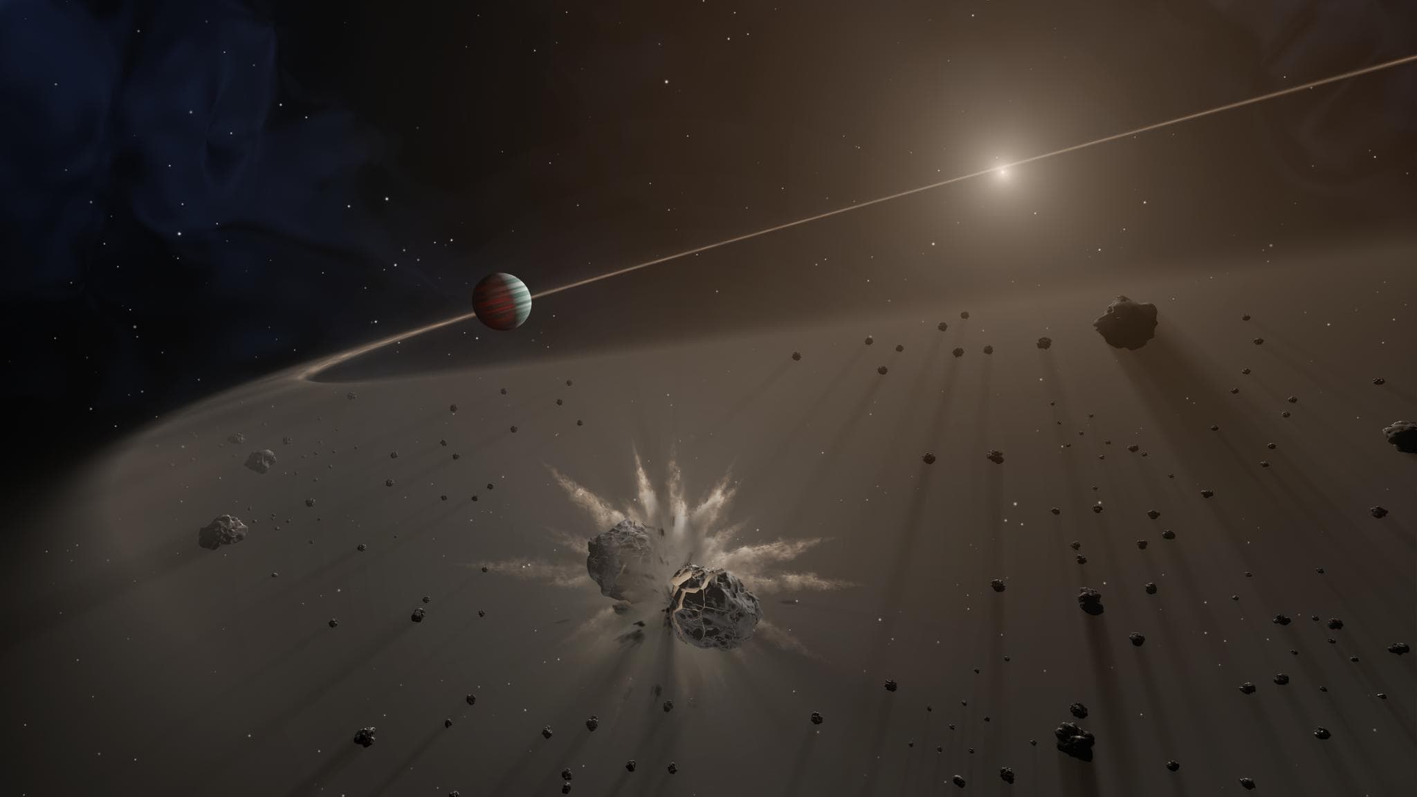 This artist's rendering shows a giant exoplanet causing small bodies to collide in a disk of dust. A study in The Astronomical Journal finds that giant exoplanets with long-period orbits are more lik