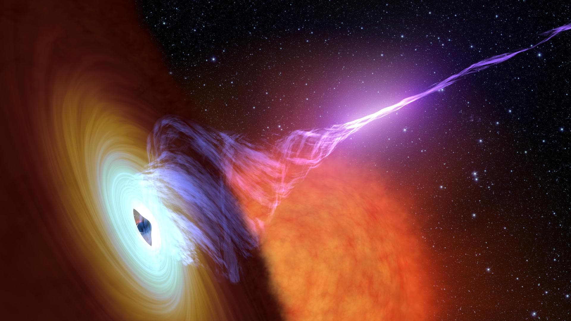 This artist's concept shows a black hole with an accretion disk -- a flat structure of material orbiting the black hole -- and a jet of hot gas, called plasma.  Using NASA's NuSTAR space telescope and