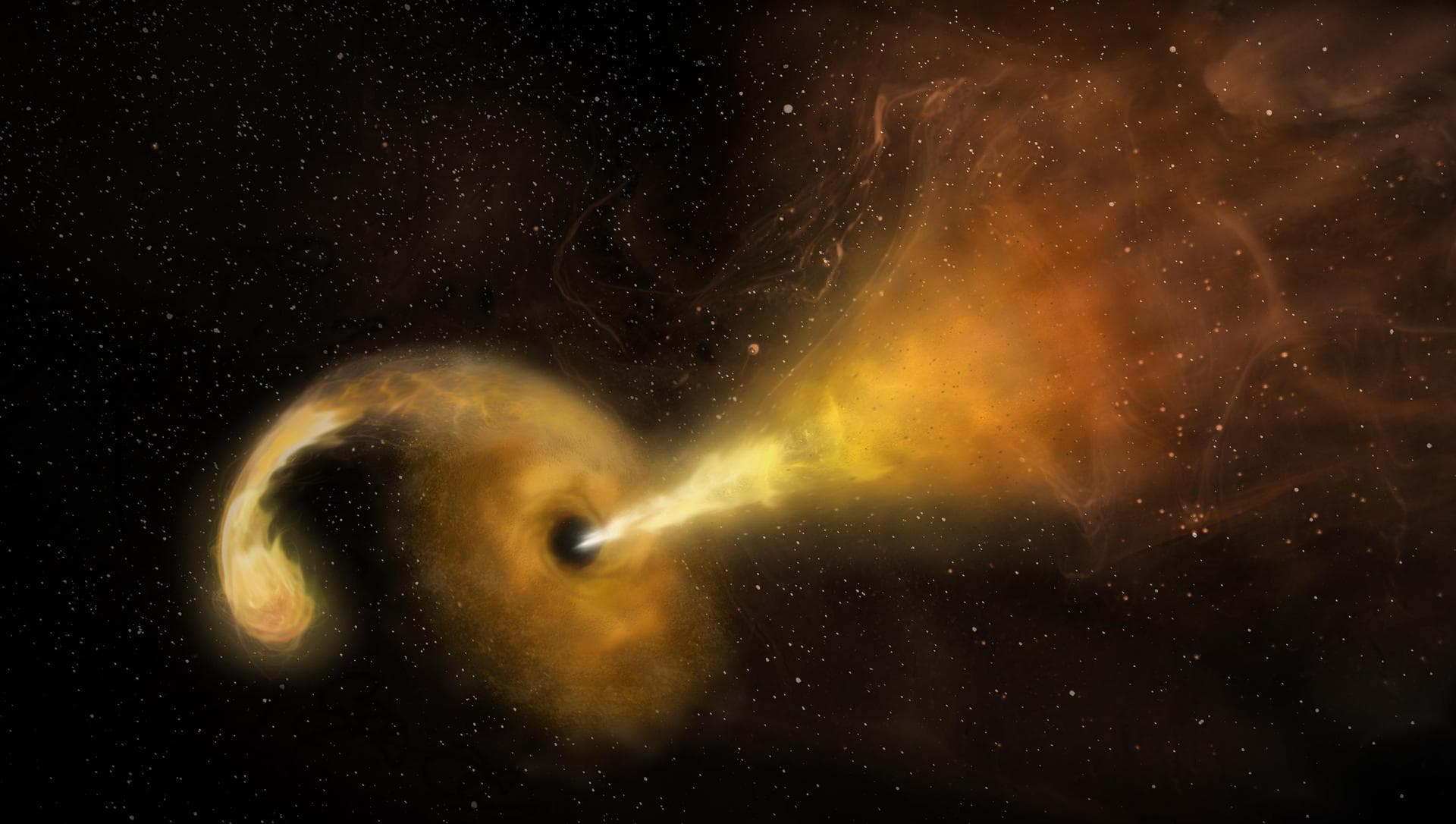 An artist's concept of a tidal disruption event (TDE) that happens when a star passes fatally close to a supermassive black hole, which reacts by launching a relativistic jet. https://photojournal.j