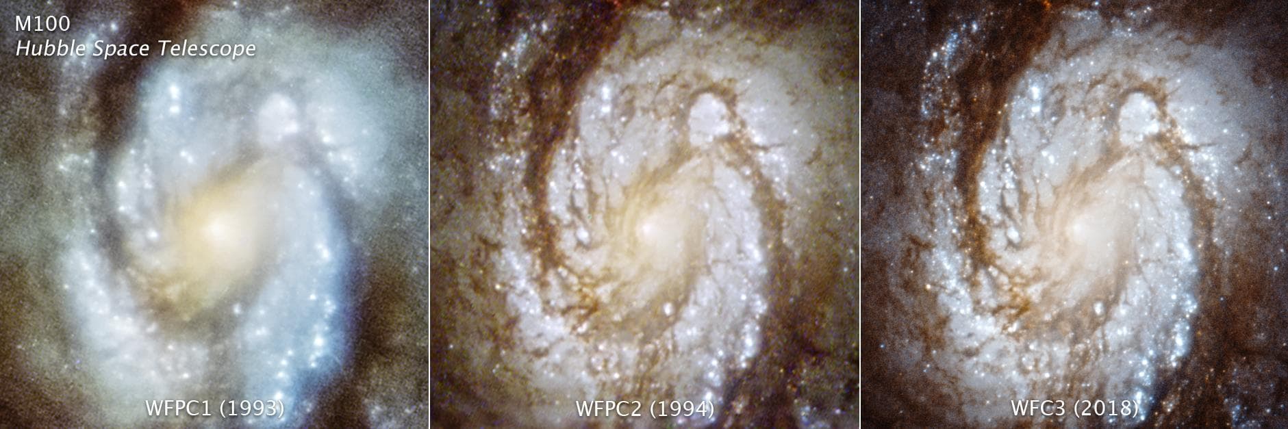 These three images are of the central region of the spiral galaxy M100, taken with three generations of cameras that were sequentially swapped out aboard the Hubble Space Telescope, and document the c